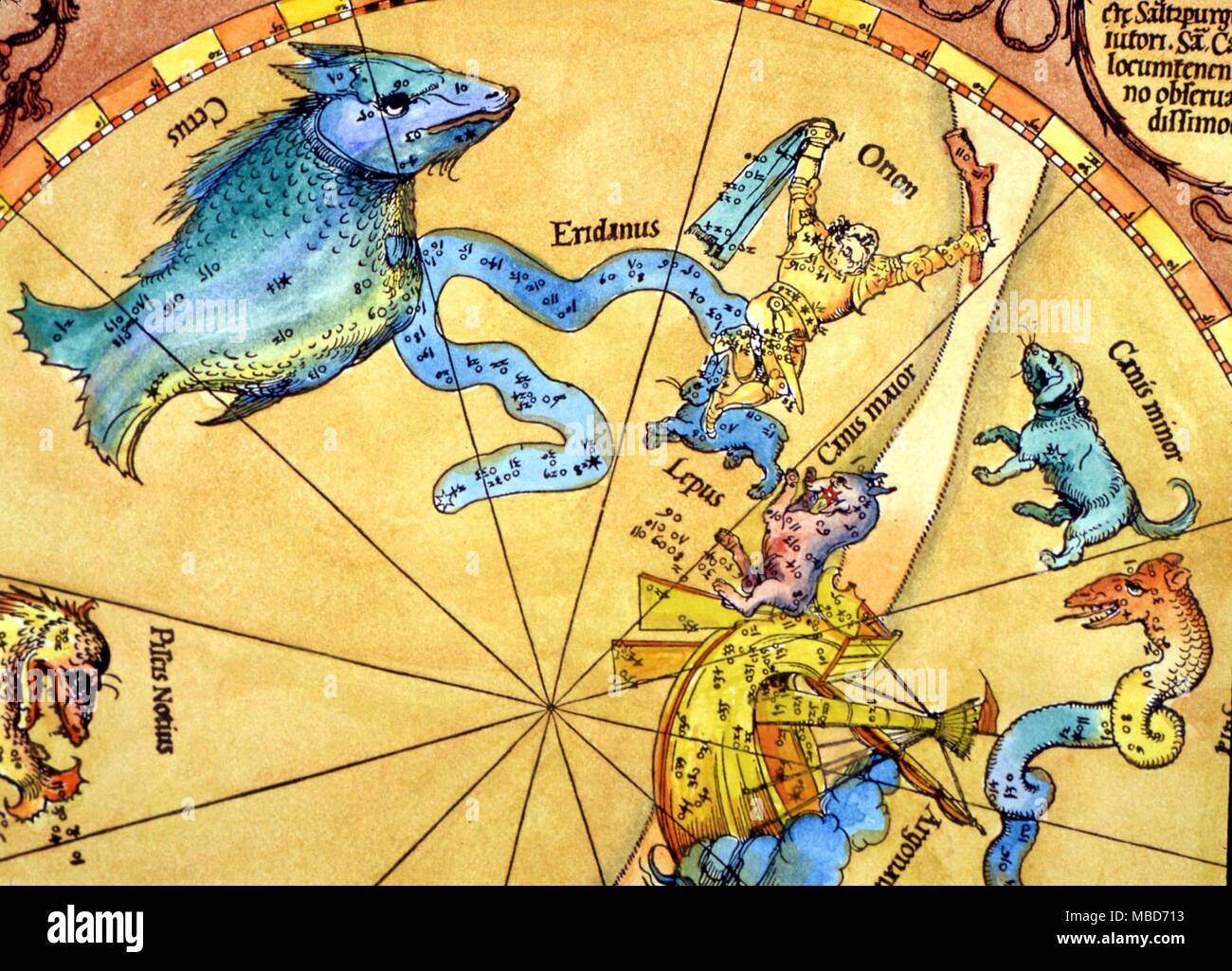 Constelaciones y estrellas - Mapas de las estrellas fijas de Sirius en Canis Major - la estrella de color rojo, está en la boca del perro mayor, debajo de Lepus, la liebre - detalle del sur mapa de constelaciones y Heinfogel Stabius, cortada por Albrecht Durer en 1515 Foto de stock