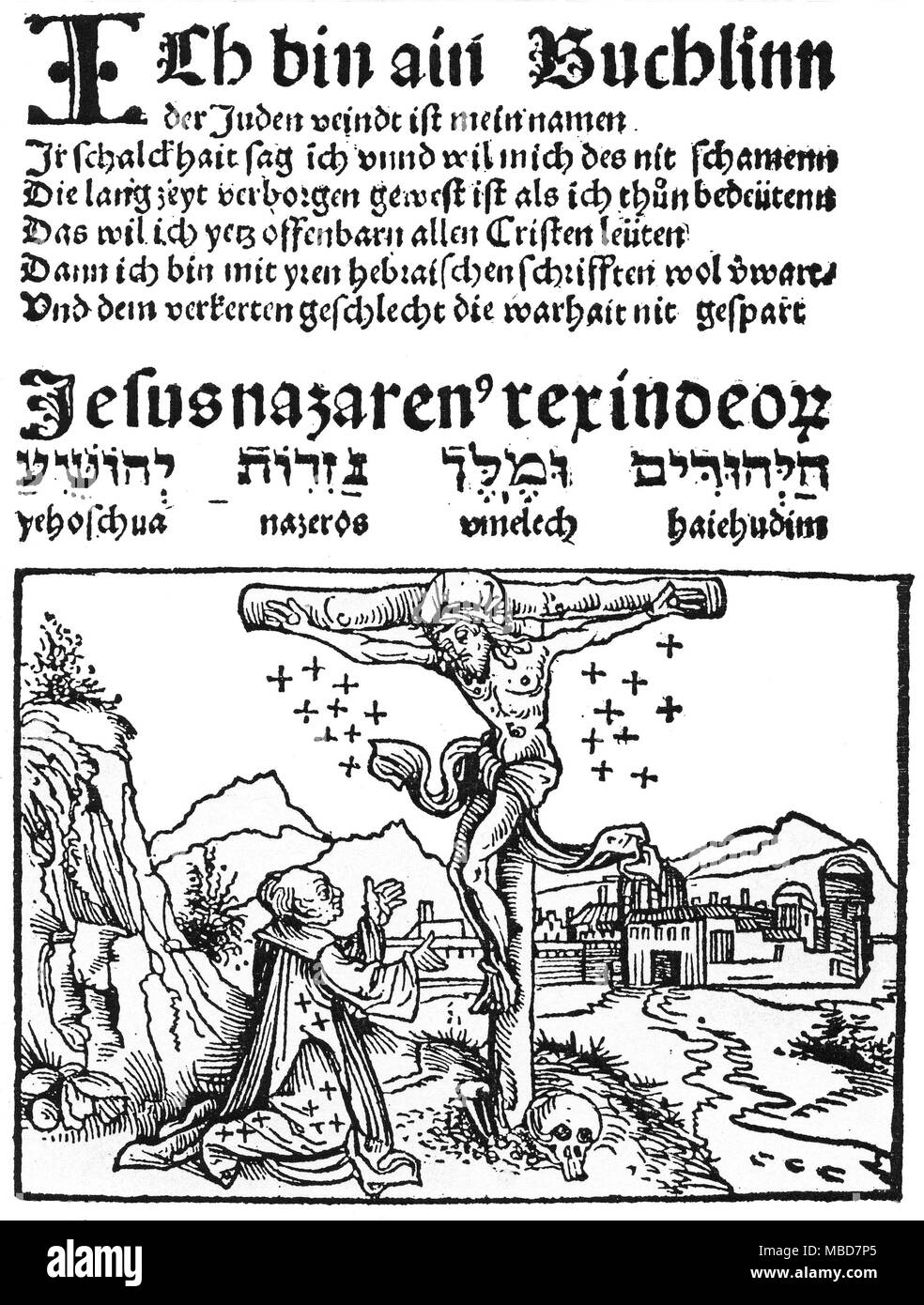 Simbolismo - mitología judía - alfabetos tres versiones del acrónimo INRI, dice que se han escrito en un rollo encima del Cristo crucificado. El texto de la parte superior es la versión latina Jesús Nazarenus Rex Iudeorum (Jesús Nazareno, Rey de los judíos), el texto que figura a continuación es la versión hebrea de este, mientras que la versión en la parte inferior es la versión romanizada del hebreo. Desde Pfefferkorn, der Juden Feind, 1509, reproducido en Georg Liebe, Das Judentum in der deutschen Vergangenheit, 1903. Foto de stock