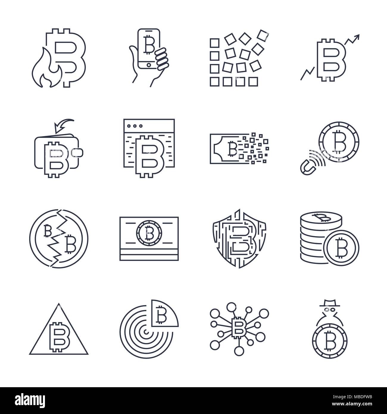 Iconos Cryptocurrency Bitcoin, fino conjunto de iconos monocromo, blanco y negro kit. Trazo editable. Ilustración del Vector