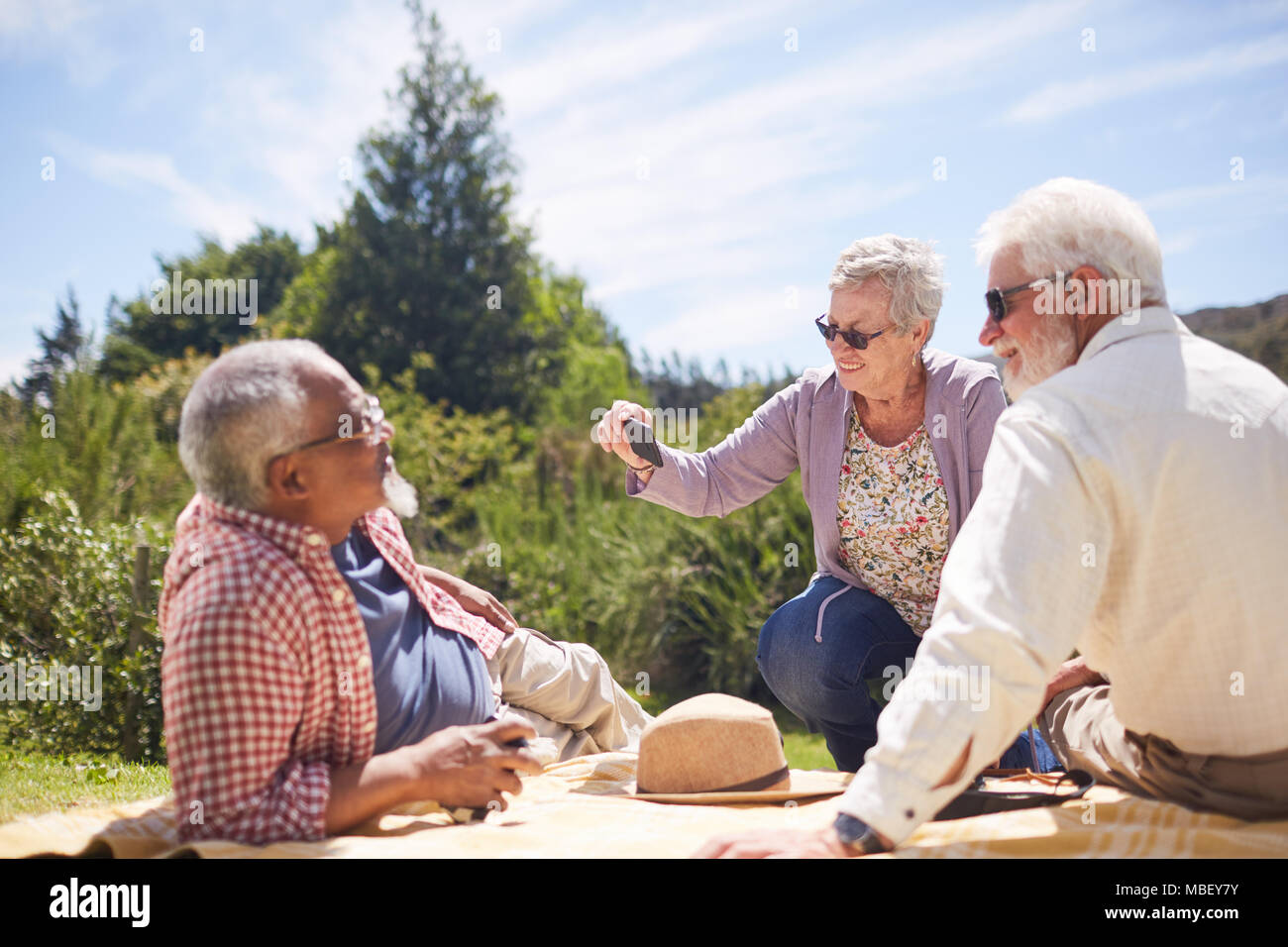 Altos funcionarios de amigos utilizando el teléfono con cámara, disfrutar de un picnic de verano Foto de stock