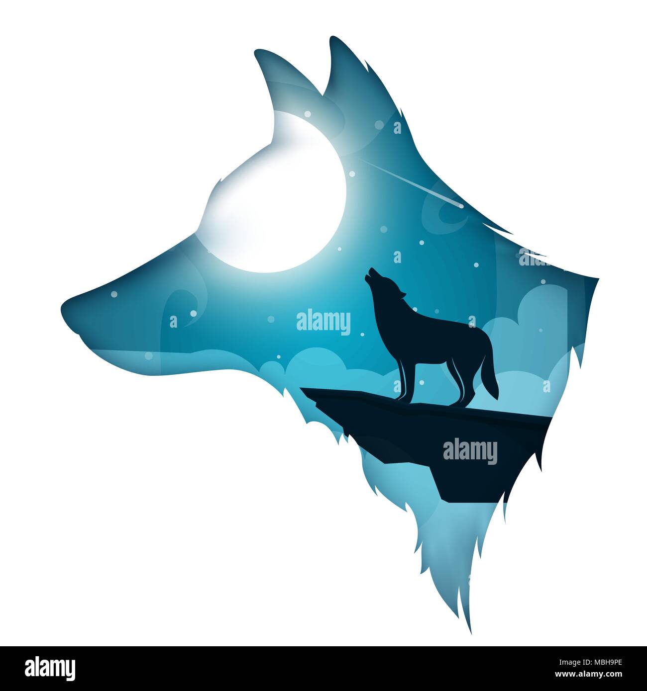 Lobo, perro ilustración. Cartoon paisaje nocturno. Ilustración del Vector