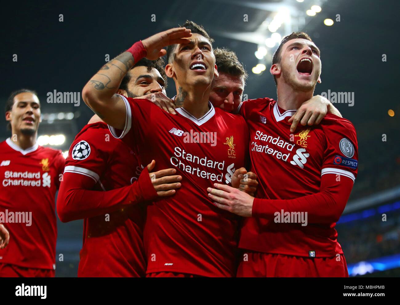 Mohamed Salah Roberto Firmino Andy Robertson Manchester City V Liverpool Fc Manchester City V Liverpool Fc Champions League Cuartos De Final 2018 Etihad Stadium Manchester Inglaterra 10 De Abril De 2018