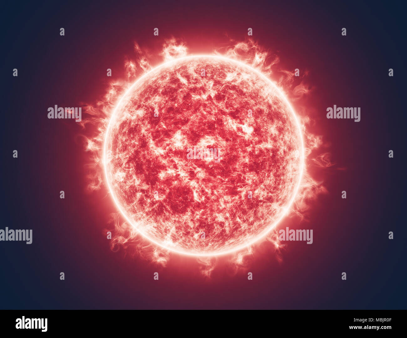 Ilustración 3D. El sol vista desde el espacio. La superficie con llamas en movimiento. Foto de stock