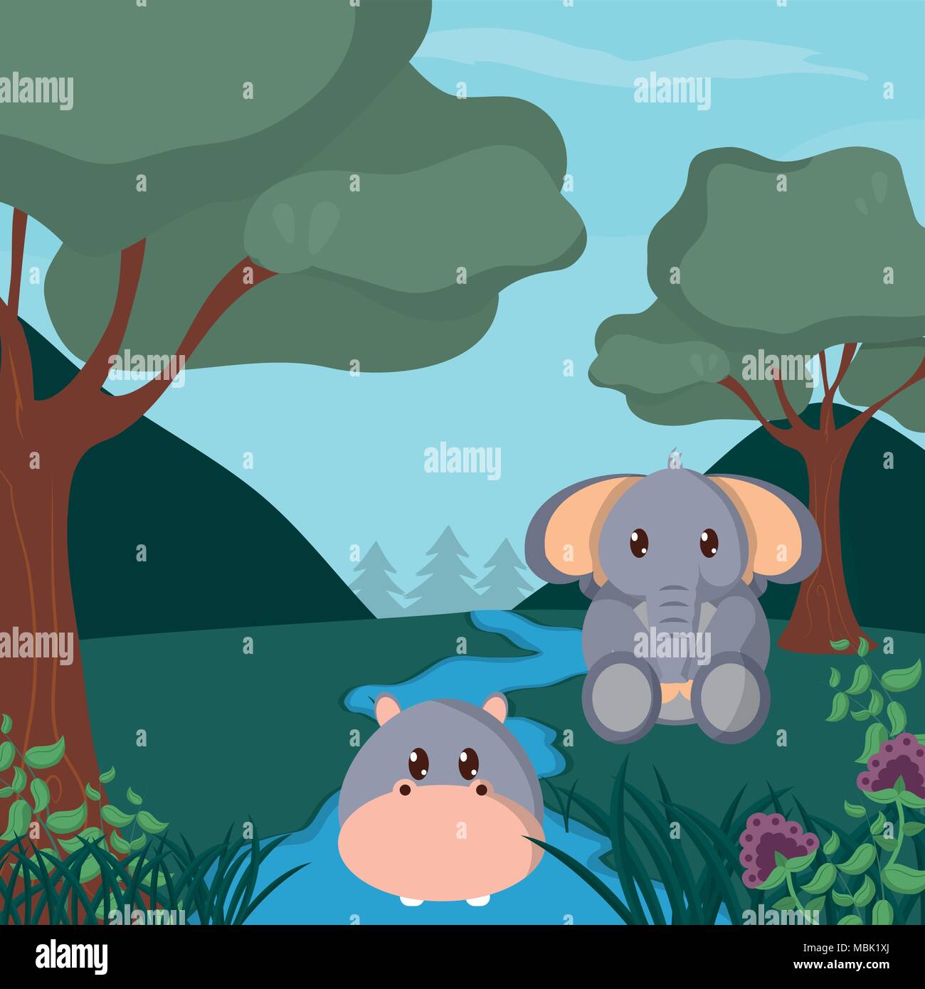 Hippo y bebé elefante animales Cute dibujos animados Imagen Vector de stock  - Alamy