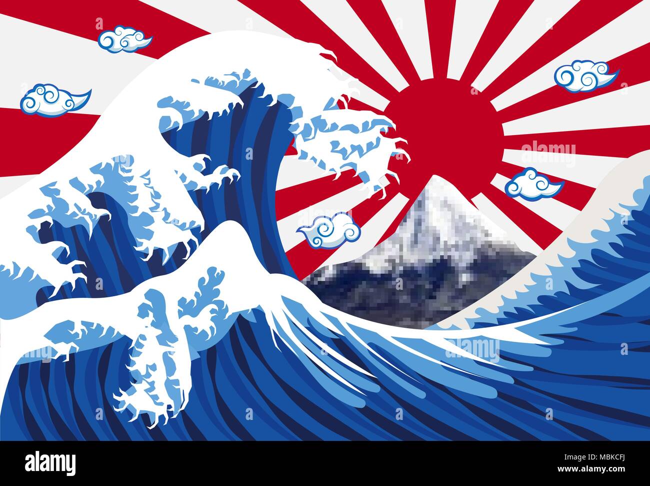 Onda de mar con el monte Fuji y la bandera japonesa Ilustración del Vector