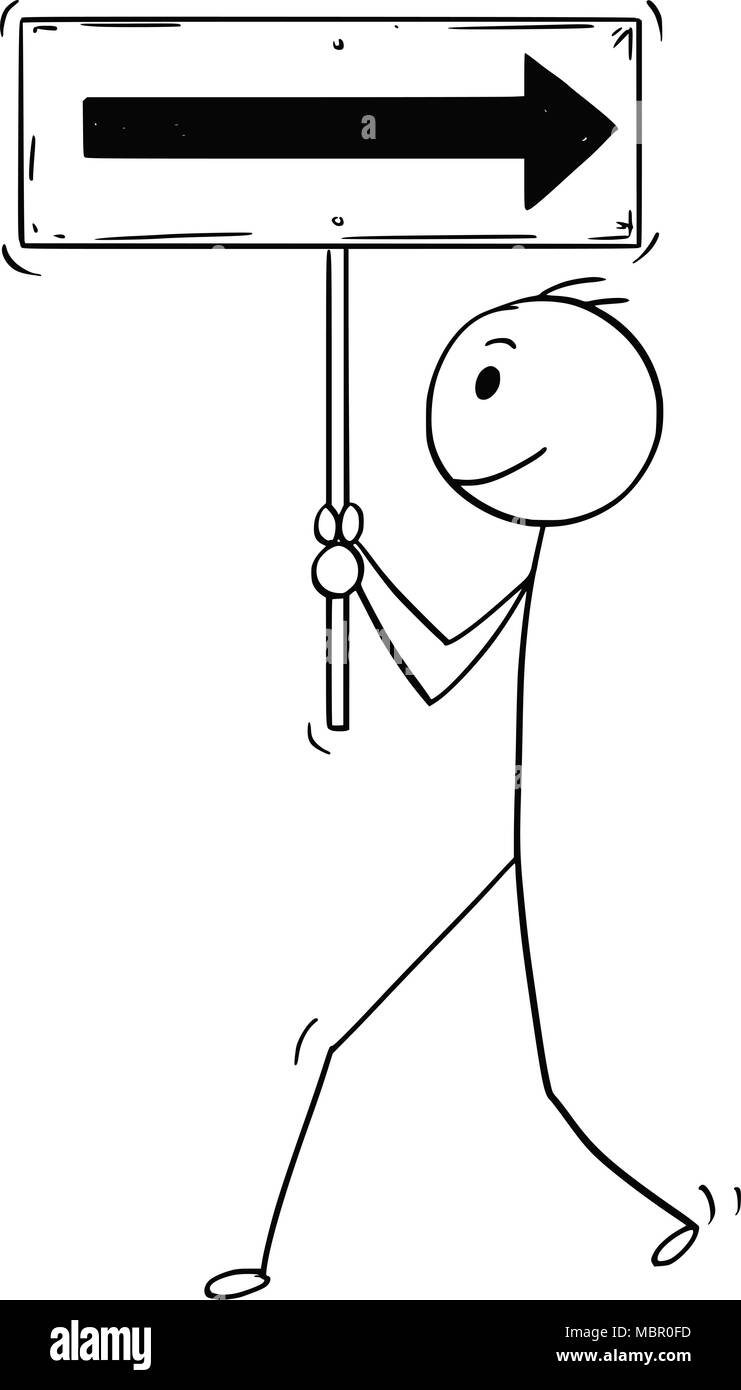 Caricatura del empresario caminando hacia adelante y manteniendo el sentido opuesto o signo de flecha atrás Ilustración del Vector