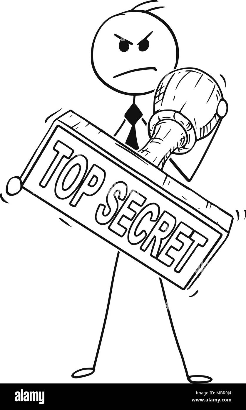 Caricatura del empresario sosteniendo gran parte de caucho sello Top Secret Ilustración del Vector