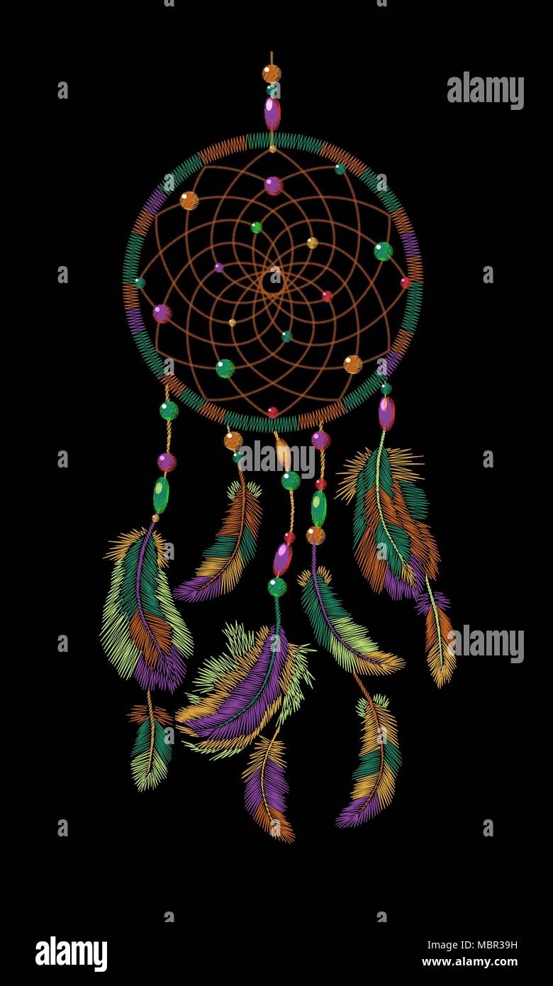 Bordados boho plumas atrapasueños indio nativo americano. Diseño de moda ropa étnica tribal dream catcher. Plantilla de moda ilustración vectorial Ilustración del Vector