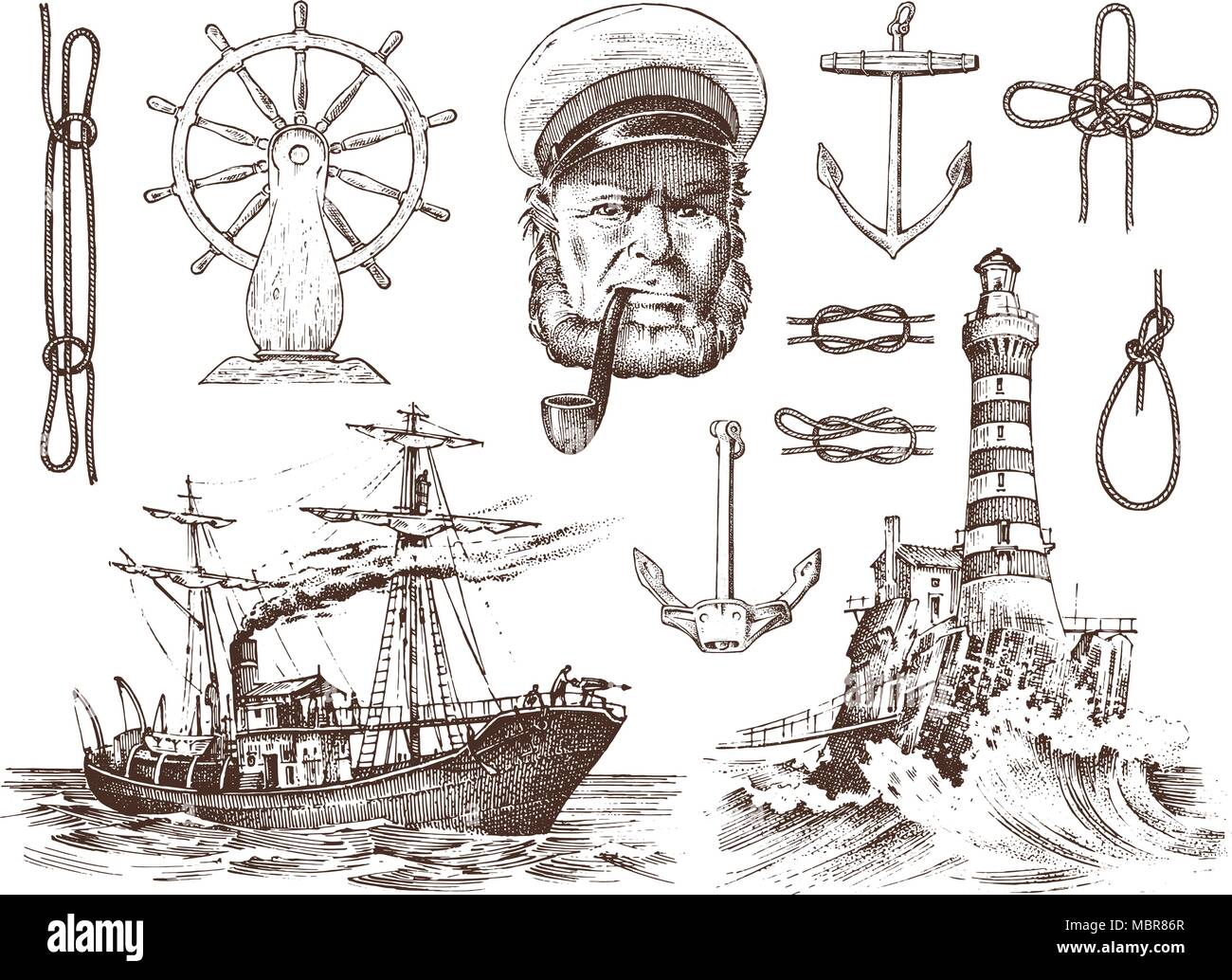 Boatswain con tubo. Faro y capitán de mar, marina, náutica marinero