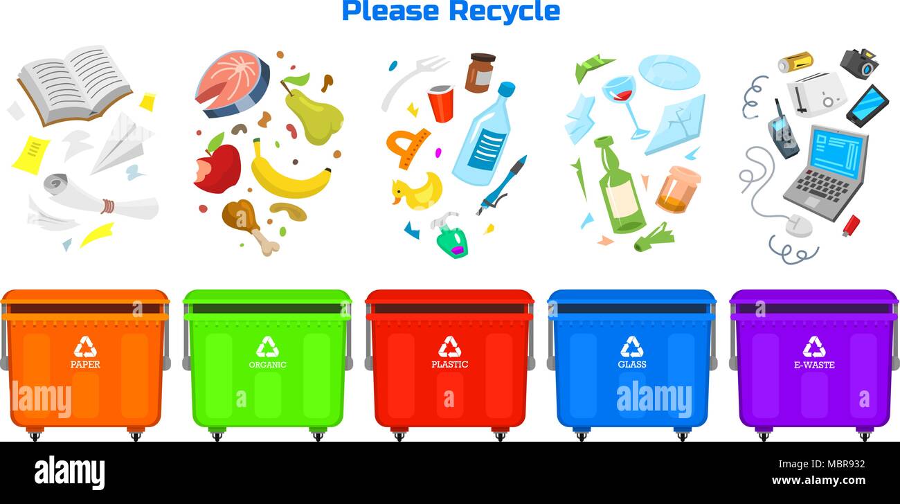 Elementos de reciclaje de la basura. Bolsas o envases o latas para  diferentes trashes. Ordenar y utilizar los residuos de los alimentos.  Símbolo de la ecología. La segregación y el concepto de