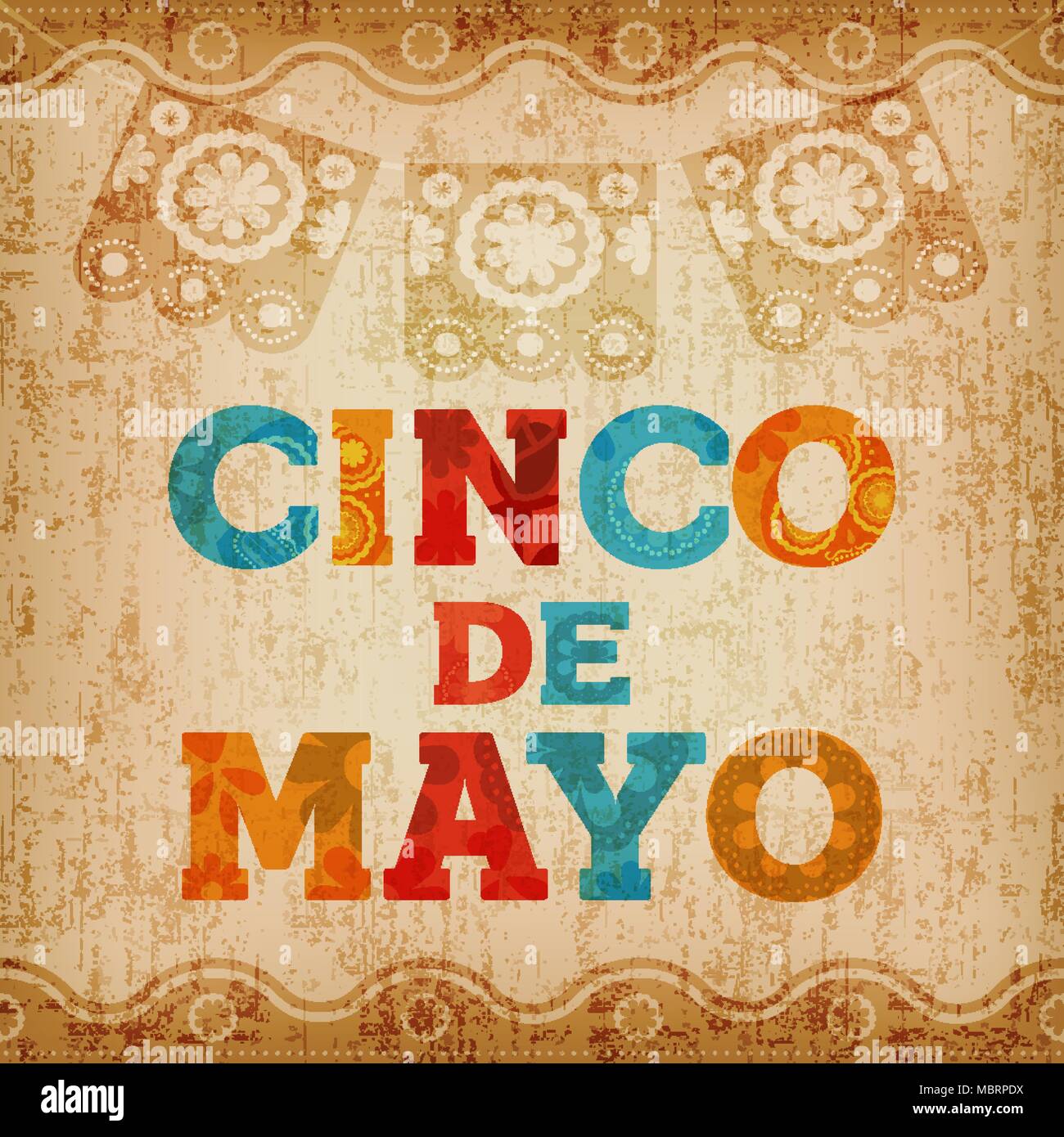 Feliz Cinco de Mayo México tarjeta de felicitación con colorido diversión  tipografía vintage y cotización de textura. Diseño festivo tradicional  mexicana para el 5 de mayo. EPS10 Imagen Vector de stock - Alamy