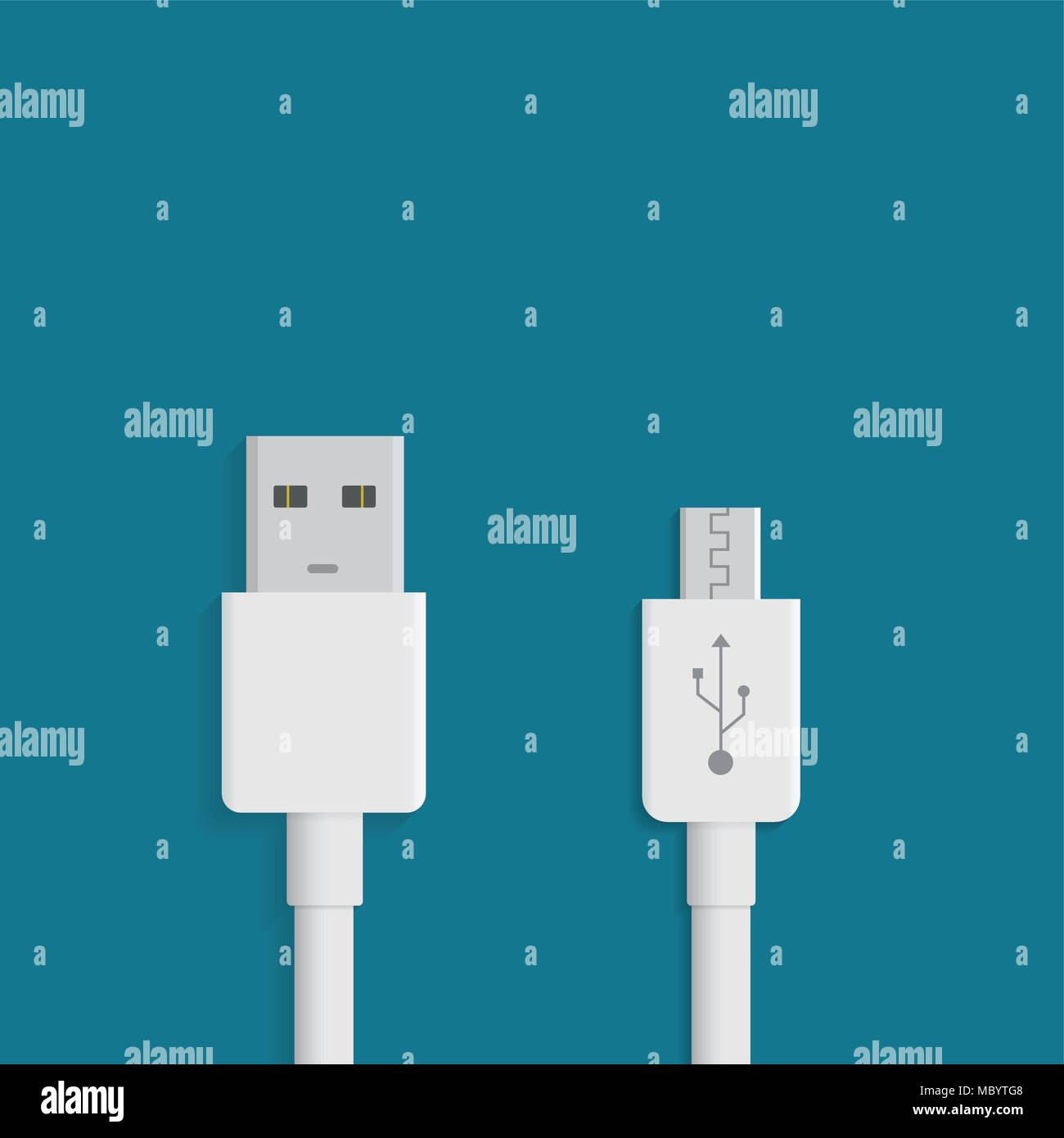 Cables micro USB blancos sobre fondo blanco. Conectores y tomas para PC y dispositivos móviles. Conector de periféricos del ordenador o recarga del smartphone. Ilustración del Vector