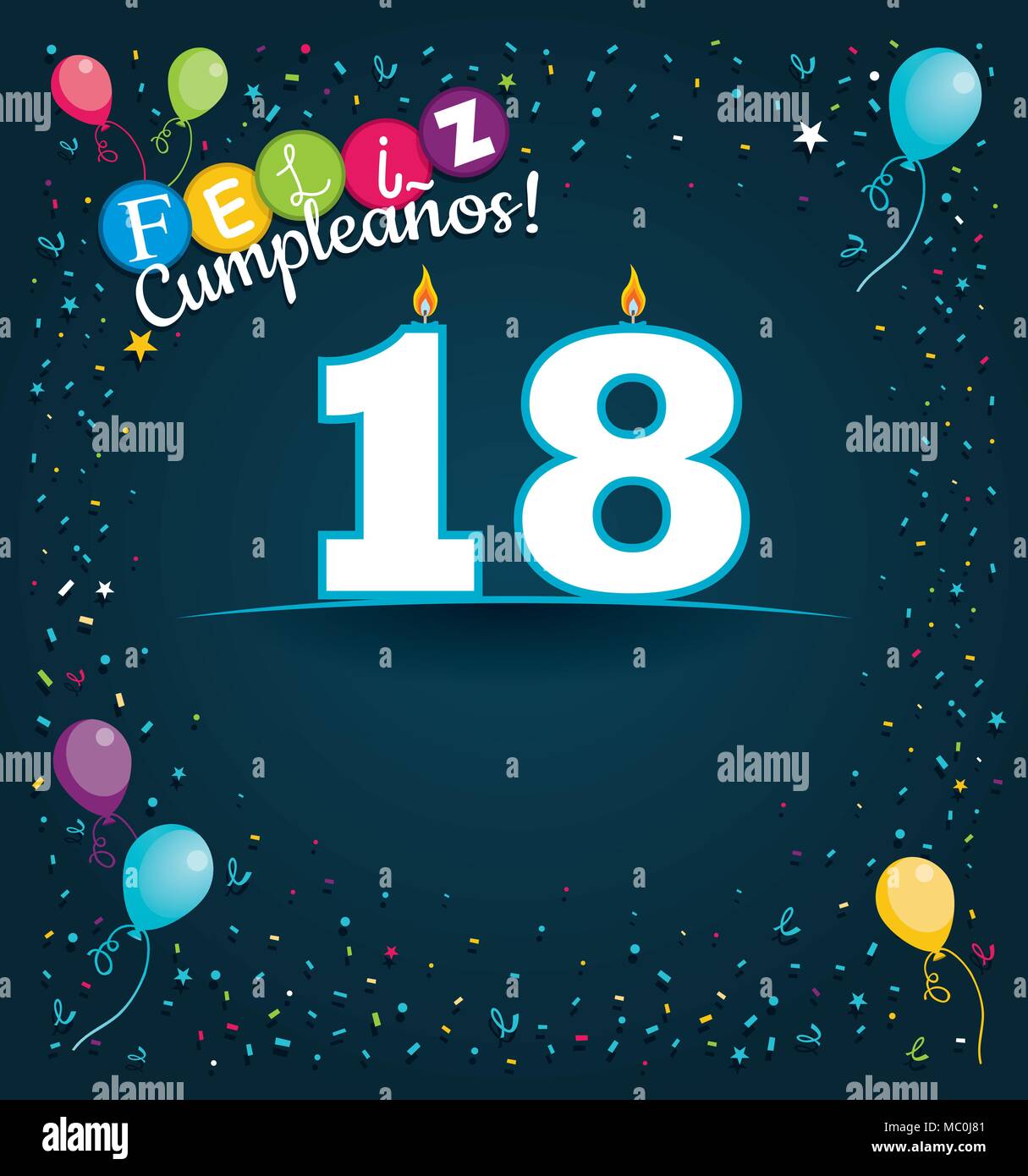 Feliz cumpleaños 18 en español - Tarjeta de felicitación con velas blancas  en forma de número con antecedentes de globos y confeti Imagen Vector de  stock - Alamy