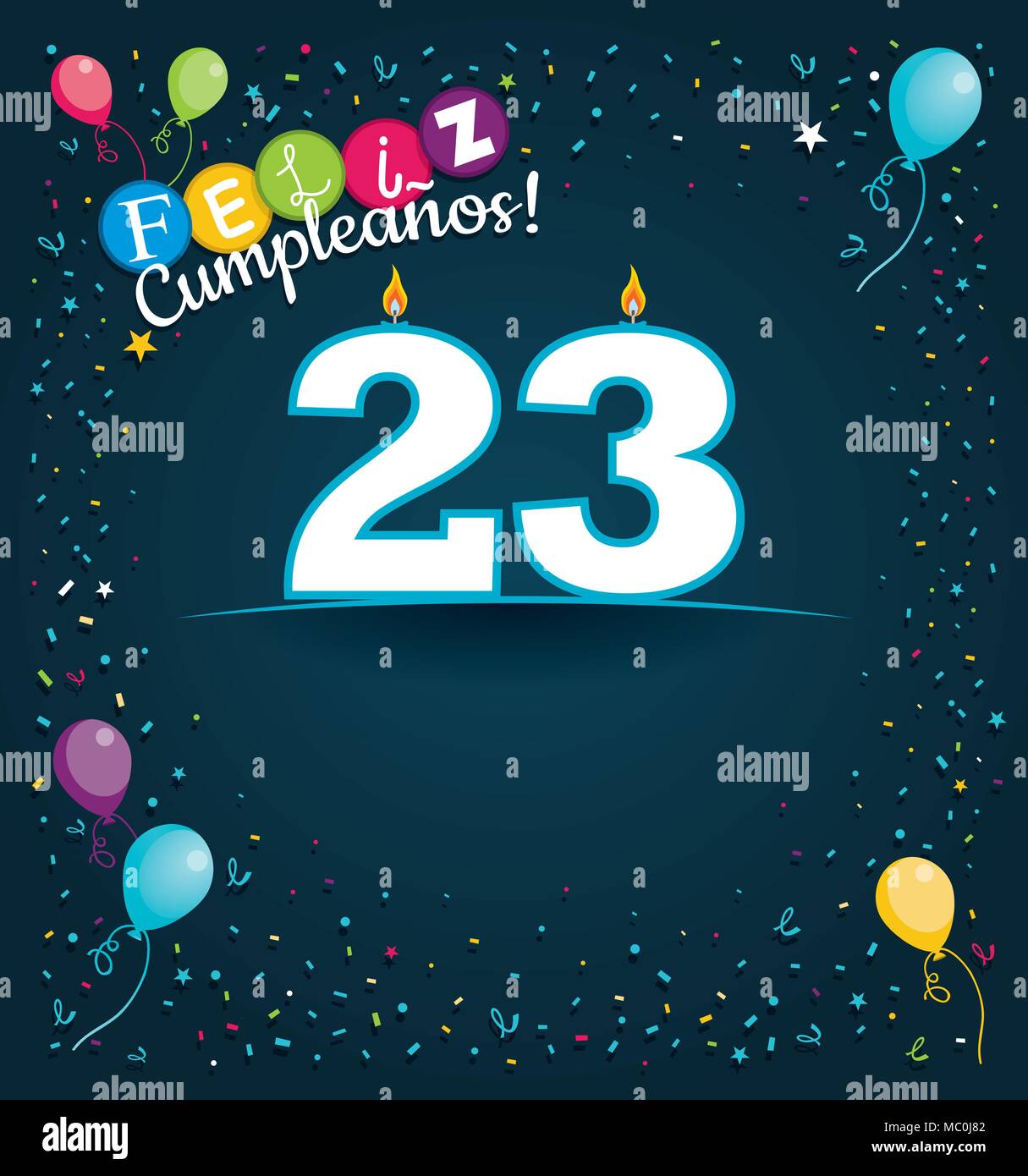 Feliz cumpleaños 23 en español - Tarjeta de felicitación con velas blancas  en forma de número con antecedentes de globos y confeti Imagen Vector de  stock - Alamy