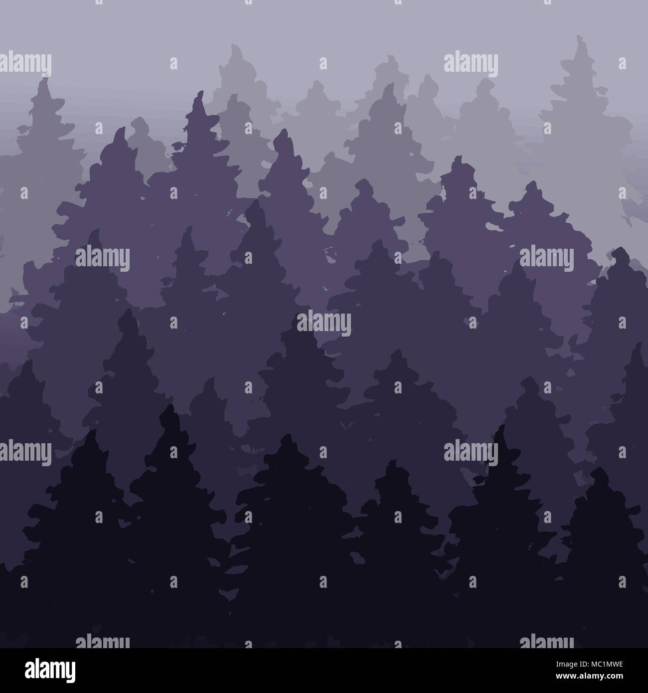 La niebla firry paisaje forestal. Panorama de abeto. Patrón de abeto. Plantilla de diseño violeta al aire libre. Ilustración vectorial. Ilustración del Vector