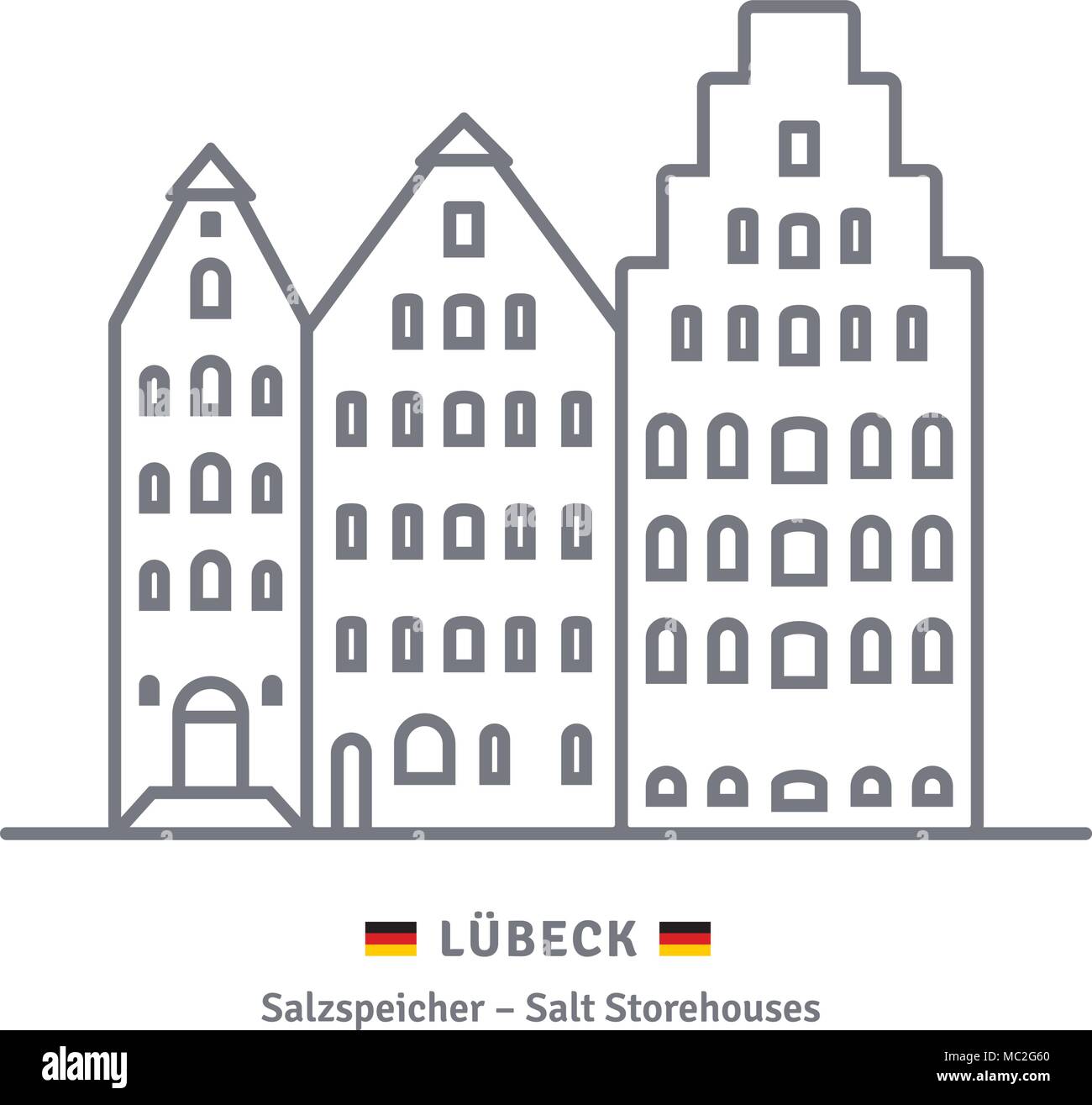 Icono de la línea histórica de almacenes de sal en Lübeck, Alemania con banderas alemanas Ilustración del Vector