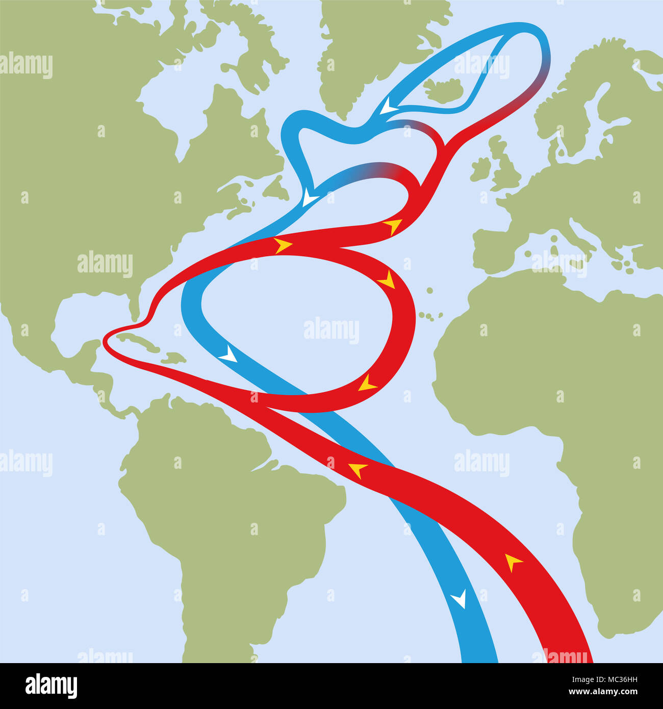 Corriente del Golfo en el océano Atlántico. Los flujos circulares de las corrientes cálidas de la superficie roja y azul profundo-corrientes de agua fresca que provocan fenómenos climatológicos como hurrica Foto de stock