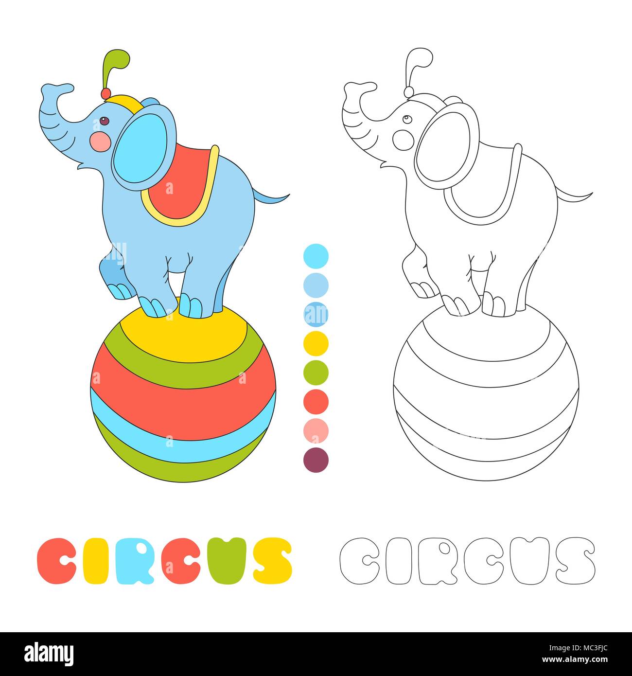 Cortar un elefante sobre la gran bola en un escenario de circo carácter vectorial niños coloring book página Ilustración del Vector