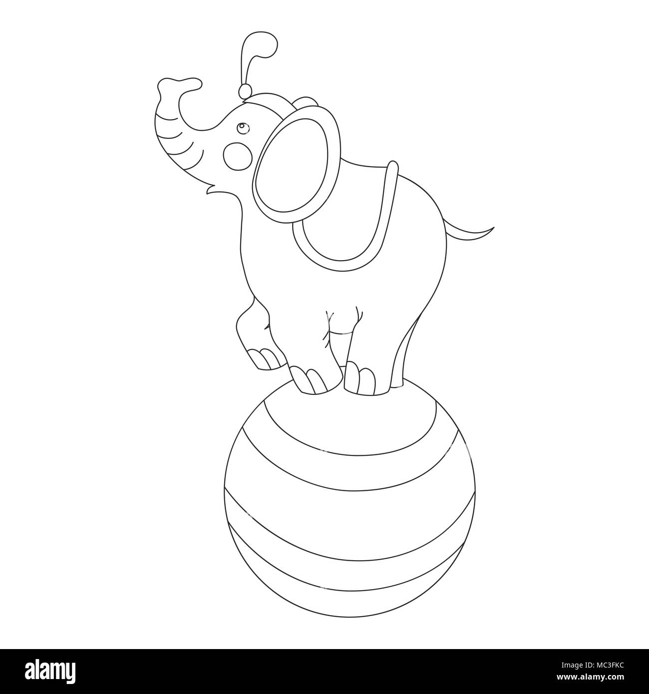 Cortar un elefante sobre la gran bola en un escenario de circo contorno vectorial doodle style Ilustración del Vector