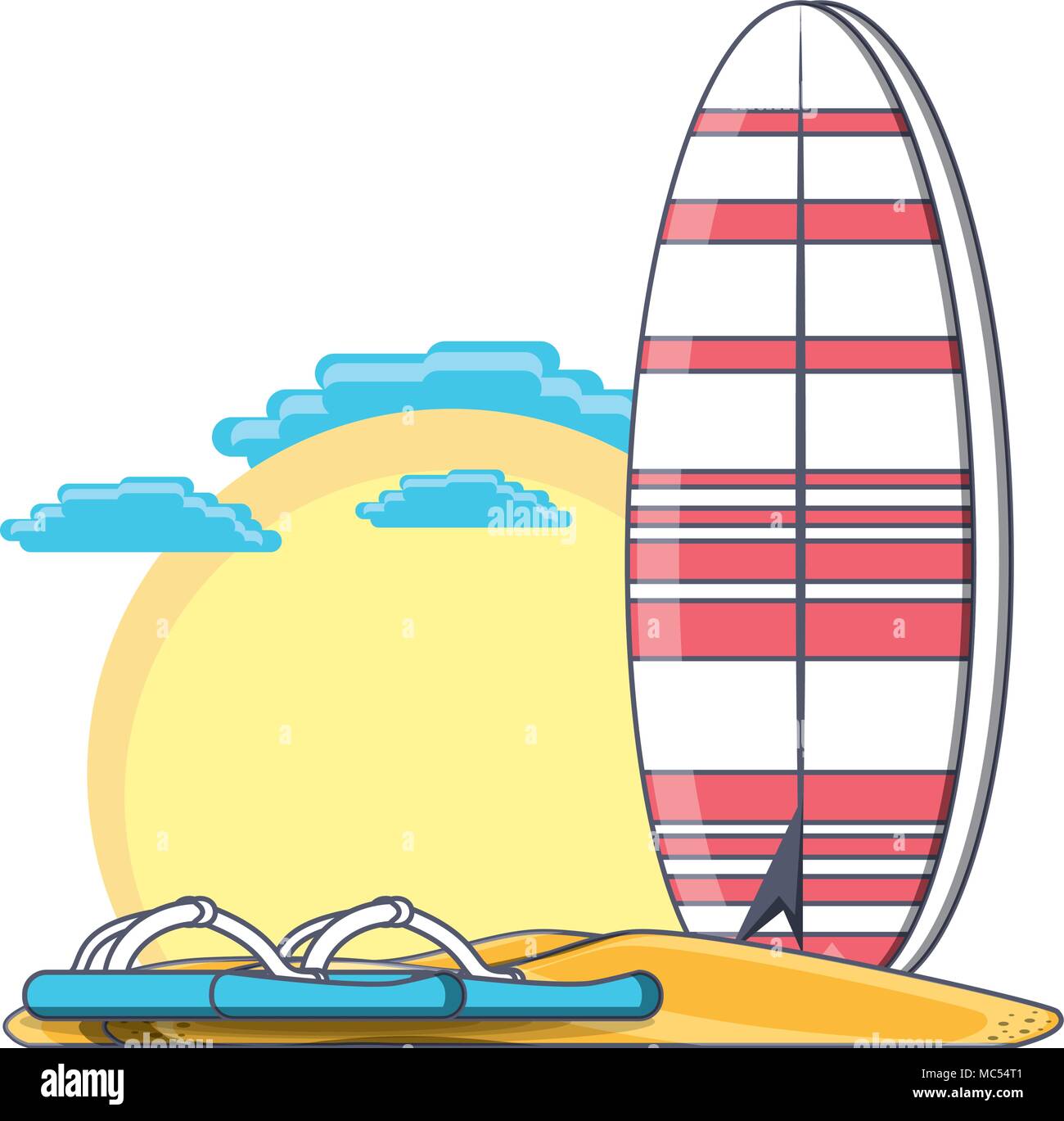 Paisaje de playa con tabla de surf y sandalias sobre fondo blanco,  ilustración vectorial diseño colorista Imagen Vector de stock - Alamy