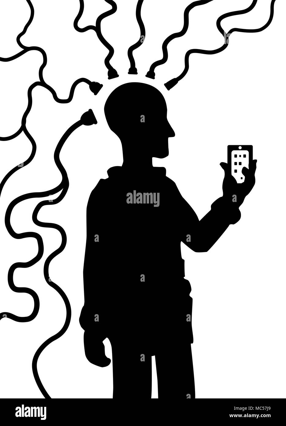 Dispositivo cuenta conectar persona silueta negra, ilustración vectorial, vertical, aislado sobre blanco Ilustración del Vector