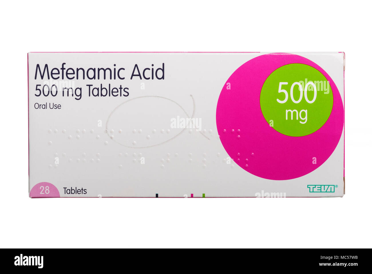 Un cuadro de Mefenamic Acid 500mg comprimidos sobre un fondo blanco. Foto de stock