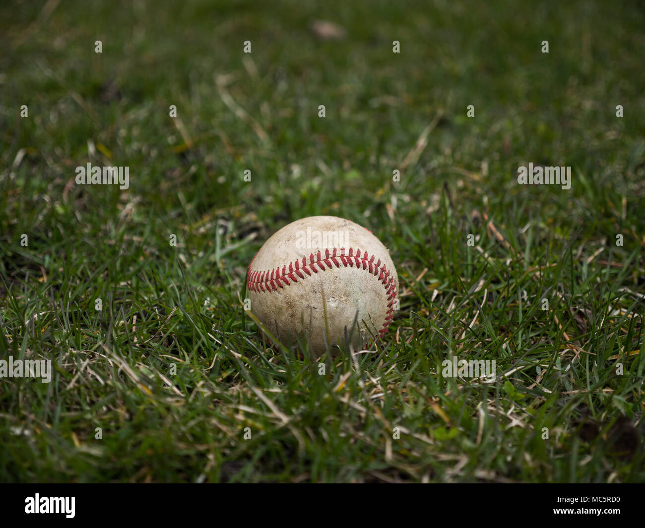 Imagen de fondo deportivo cerca de un antiguo utilizado piel gastada pelota de béisbol poniendo en el campo de hierba fuera mostrando detalles intrincados y textura Foto de stock