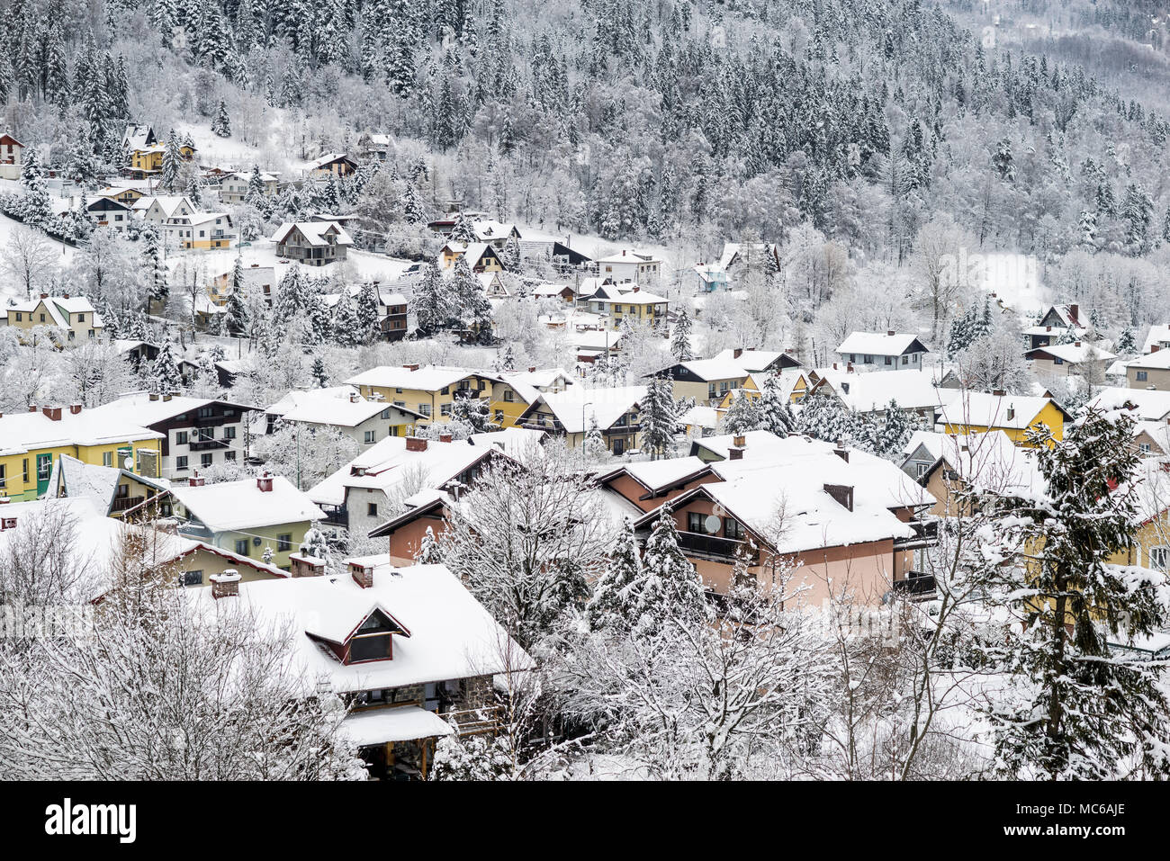 Paisaje blanco de invierno de Polonia aldea en las montañas cubiertas de nieve. Foto de stock