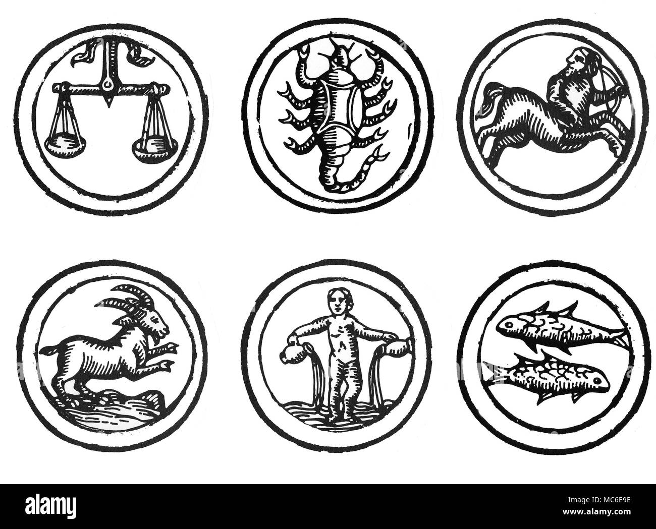 Astrología - ZODIACS seis imágenes de los doce signos del zodiaco - Libra, Escorpio, Sagitario, Capricornio, Acuario y Piscis (imágenes de los otros seis están disponibles). Desde un calendario del Pastor Alemán de 1520. Foto de stock