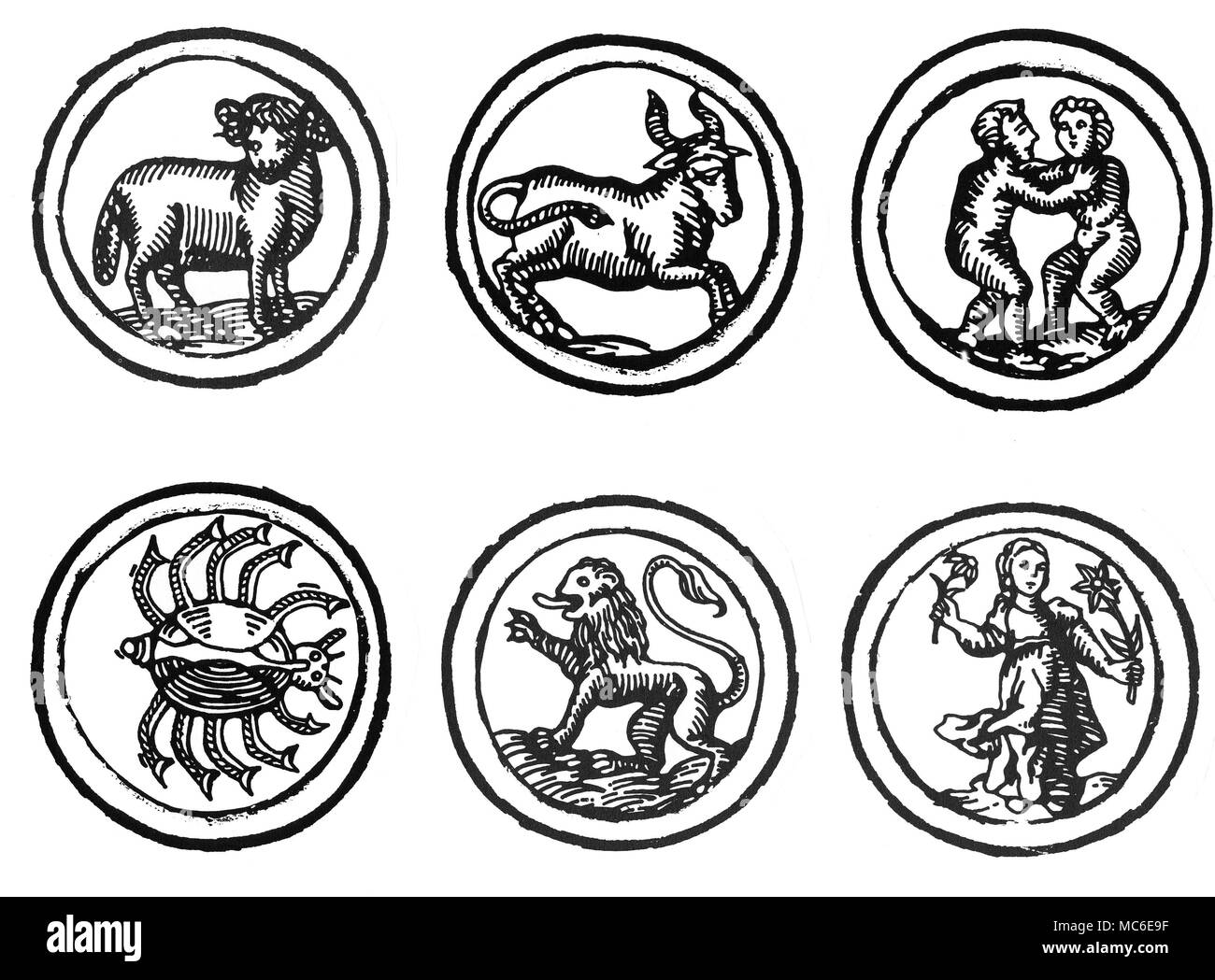 Astrología - ZODIACS seis imágenes de los doce signos del zodiaco: Aries, Tauro, Géminis, Cáncer, Leo y Virgo (imágenes de los otros seis están disponibles). Desde un calendario del Pastor Alemán de 1520. Foto de stock