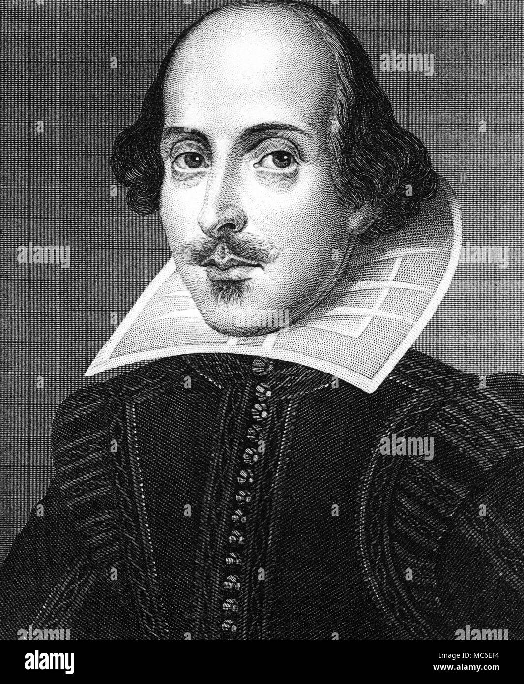 Impresión de Shakespeare de Martin Droeshout retrato del bardo. Foto de stock
