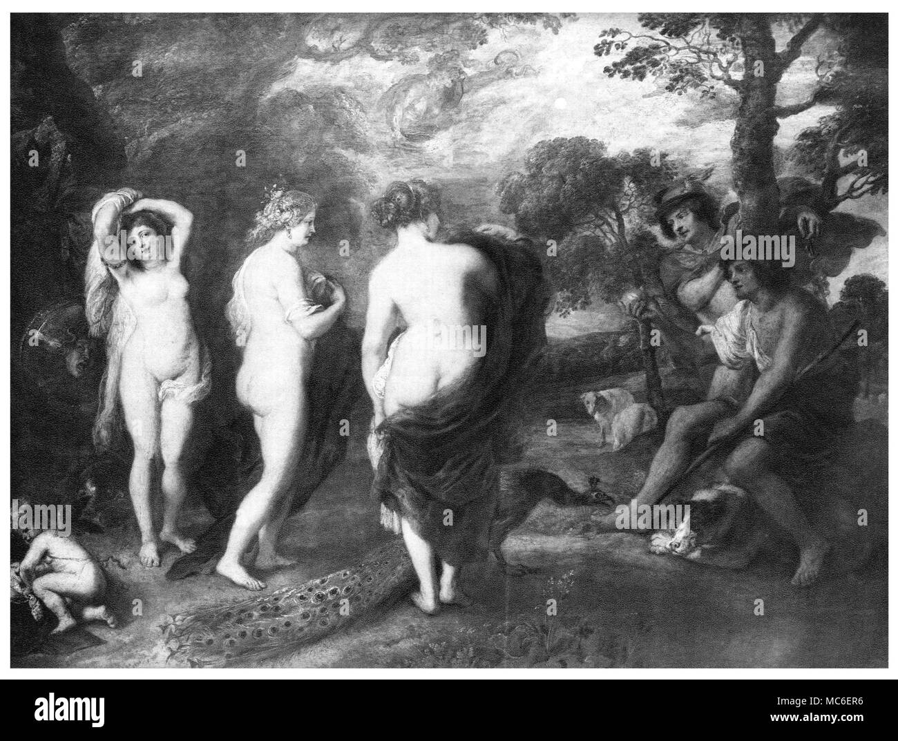 La mitología, la sentencia de París, una impresión de 1905 después de la pintura de Peter Paul Rubens. Foto de stock