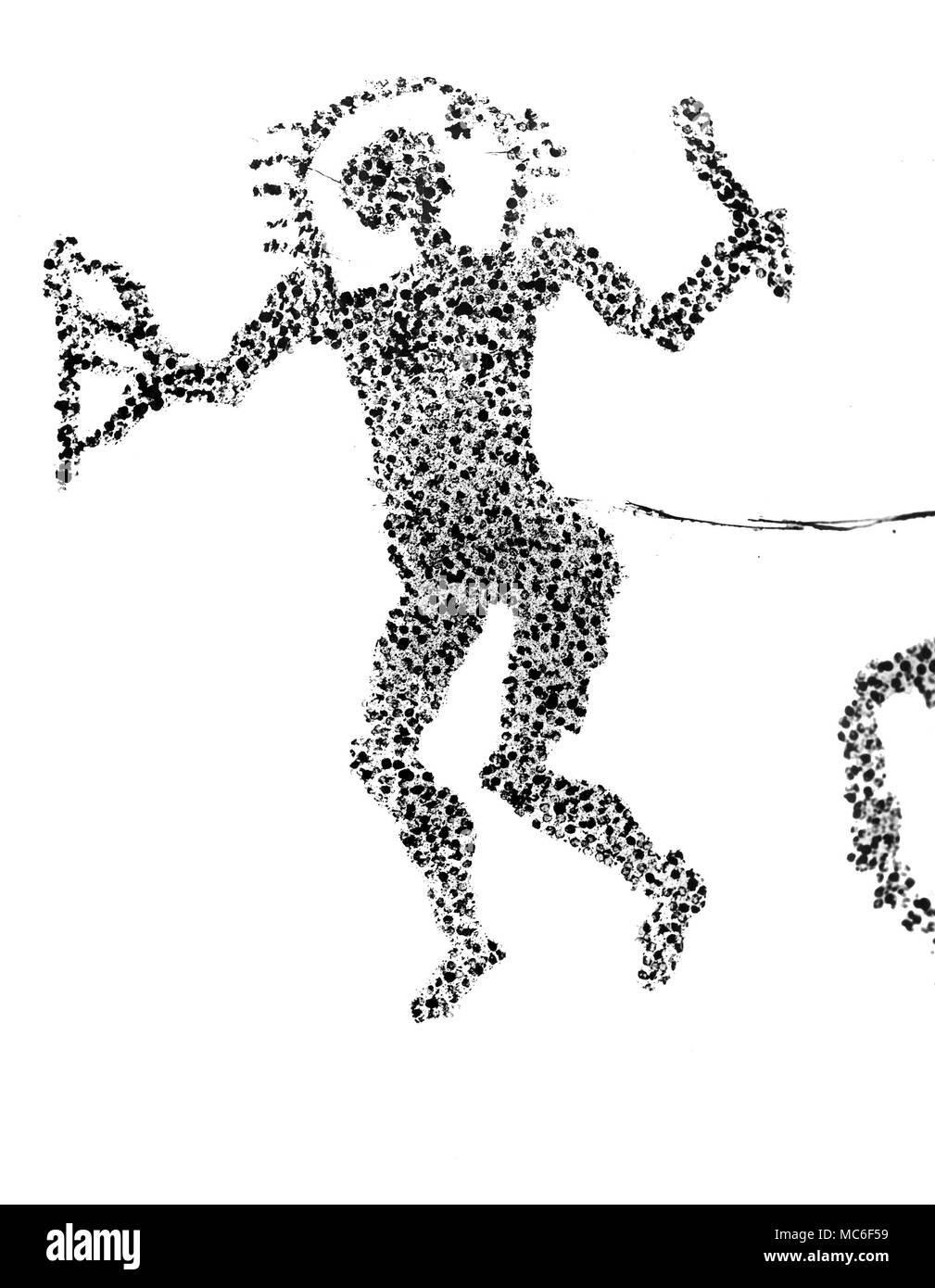 El llamado astronauta de la serie de grabados rupestres prehistóricos, por encima de la ciudad de Capo di Ponte, Italia. Ilustraciones basadas en fotografías. Foto de stock