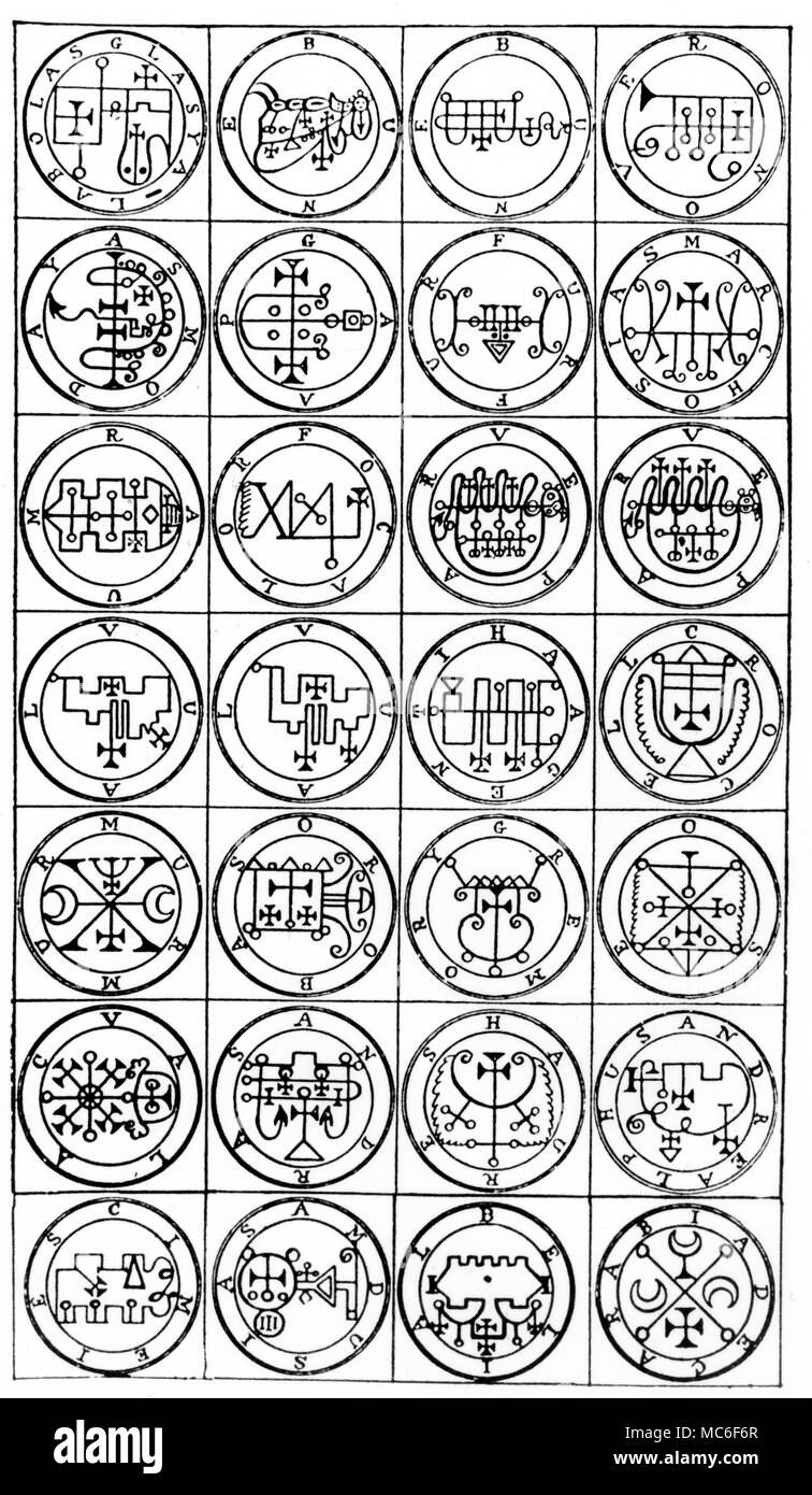 Talismanes, hecha de 28 sigils demoníaca. Todos los sigils se derivan de  uno u otro de los manuscritos conocidos como la clave menor de Salomón el  rey, pero fueron reunidos en este