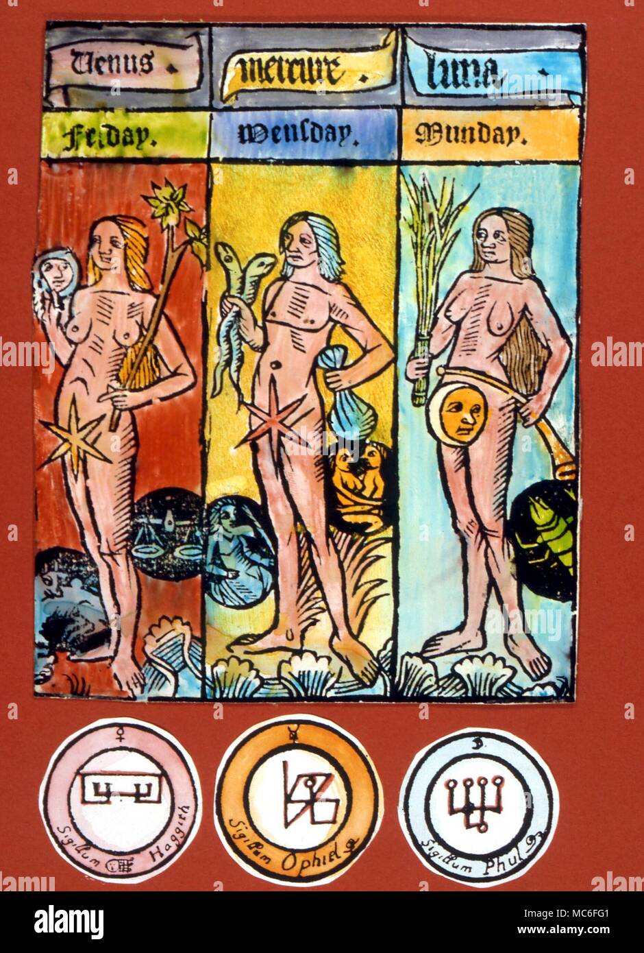 Los planetas - espíritus planetarios (círculos) inferior para los Sigils planetario o espíritus Olímpico, con el planetario sigil (arriba), el nombre (abajo) y demoníaca sigil (centro). De izquierda a derecha, y Phul Hagith, Ophiel (de Venus, Mercurio y Luna, respectivamente) Foto de stock