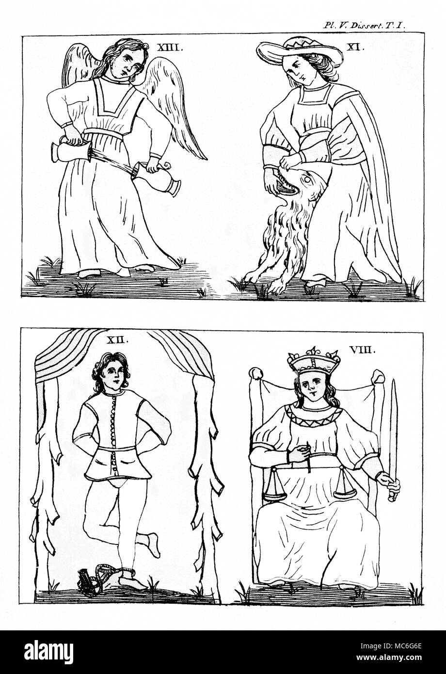 Diseño GEBELIN TAROT - la templanza - Fuerza - Hombre colgantes - Justicia  [Parte superior izquierda] templanza, ofrecido como una errata como tarjeta  13 del conjunto representado por el francés Mason,