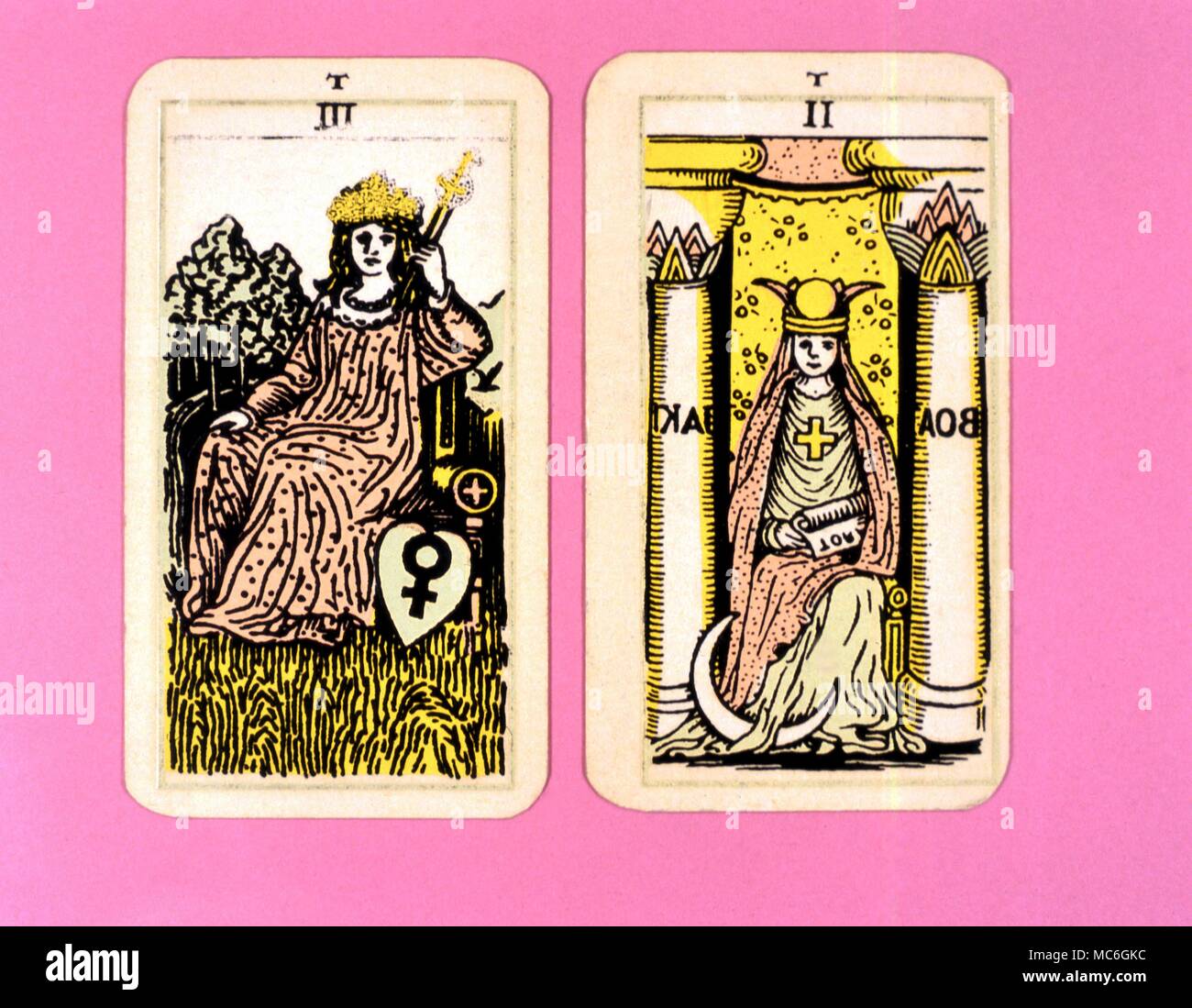 Tarot Cards-Majo cientí- El tarot parisiense. Tarjeta 2. La señorita Papa y  tarjeta 3. La Emperatriz. Dos cartas de una importante imagen Arcanos Tarot,  probablemente diseñado en un estilo archaizing suelto en