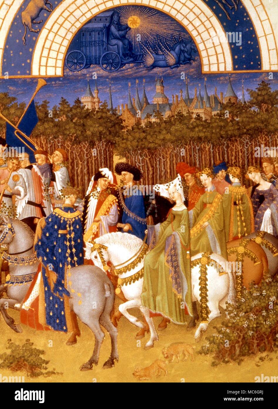 Astrología - LIBRO DE HORAS La Primavera procesión, bajo la influencia de los signos zodiacales de Tauro y Géminis. Desde el "Tres Riches Heures' del Duque de Berri. Museo de Chantilly Foto de stock