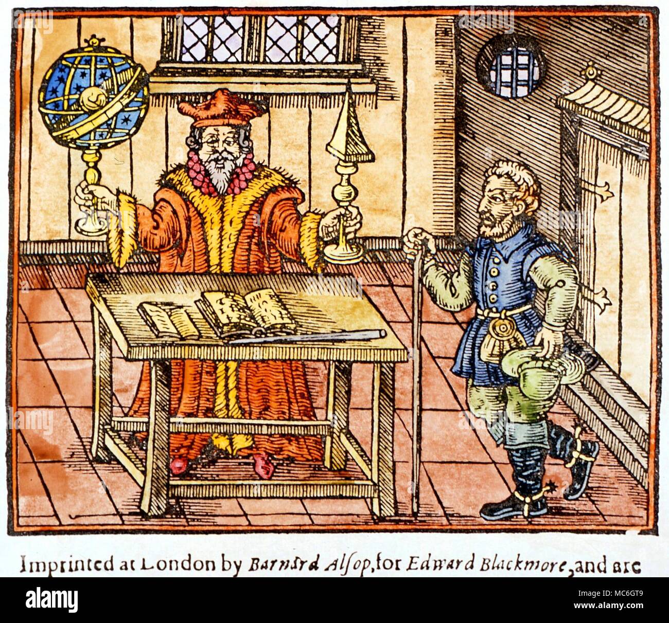 Astrología - astrólogo con un cliente. Título de página ilustración a John Melton es 'El', o Figure-Caster Astrologasters. 1620 Foto de stock