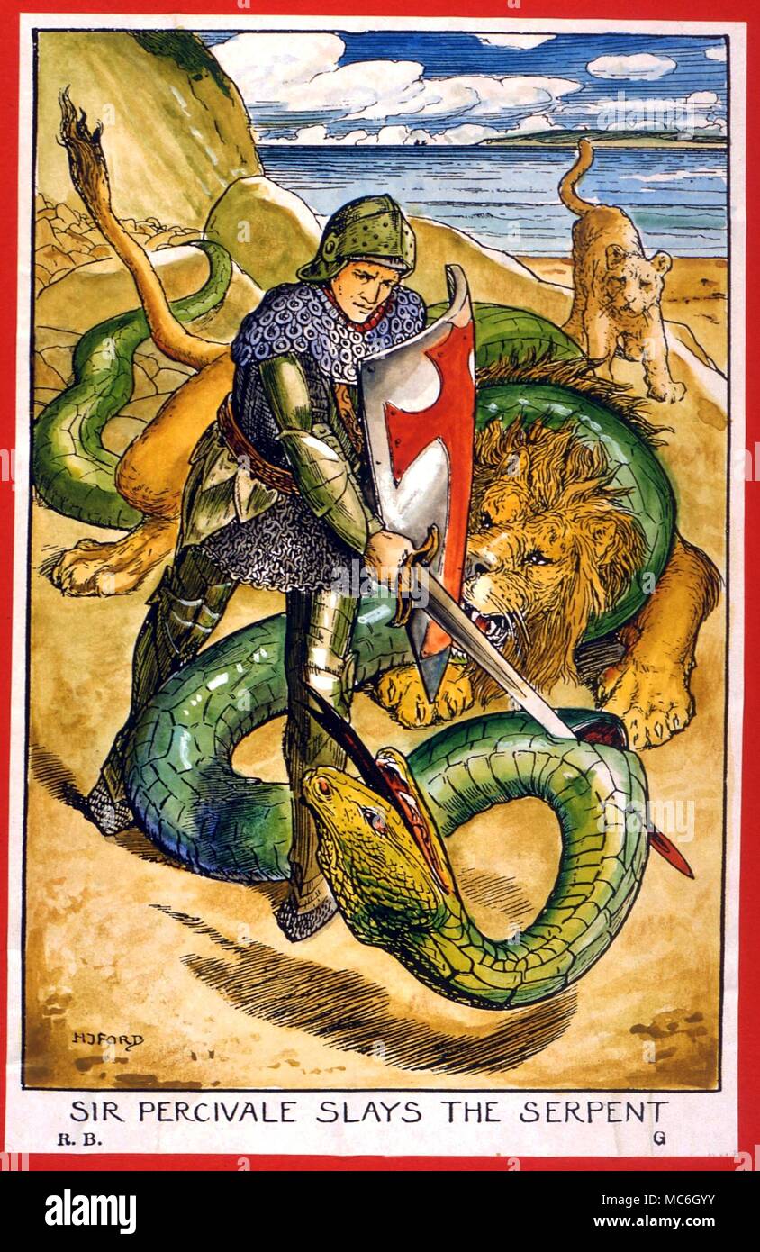 Monstruos: Sir Percival matando la serpiente. Ilustración por Ford, a finales del siglo XIX. Foto de stock