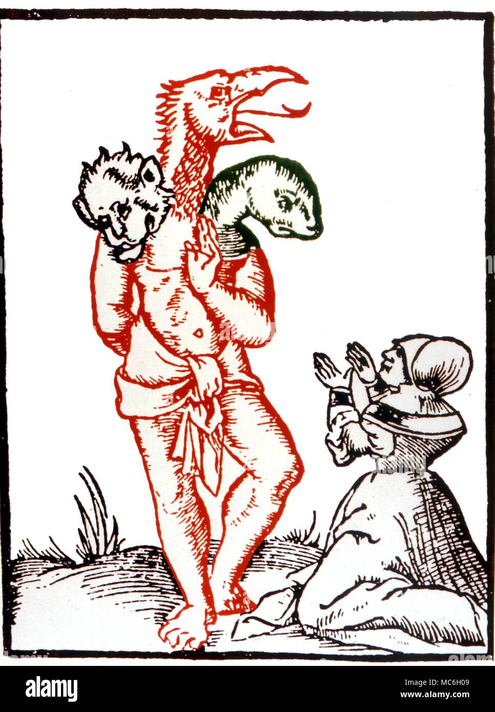Monstruos un monstruo creado por una bruja ante el Rey de los Francos, Marcomir. Después de Sebastian Münster "Geographia Universalis", 1544. Foto de stock