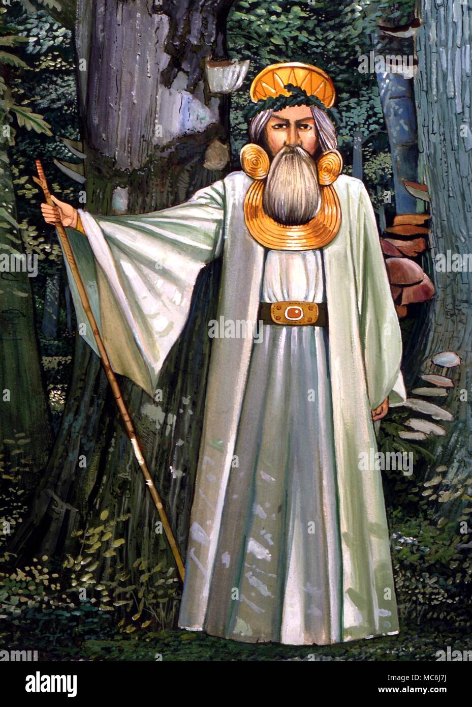 Sacerdote druida en bosque, vistiendo diversos ornamentos llamada "céltica" atribuido tradicionalmente al sacerdocio. Pintura por Gordon Wain, 1989 Foto de stock