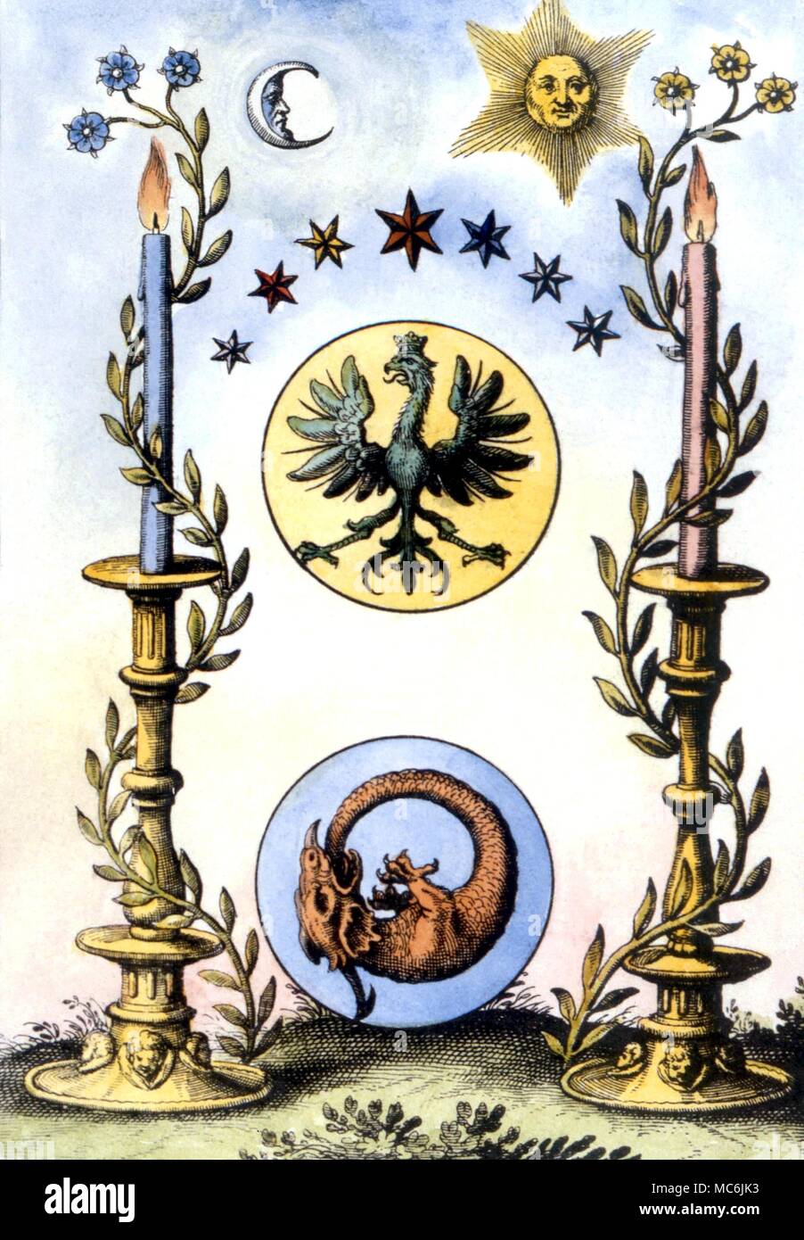 Alquimia - OURABOROS. Plato emblemático, con el Águila y el Ouroborus volátiles, dragón de Mylius' 'Anatomia Auri', 1628 Foto de stock