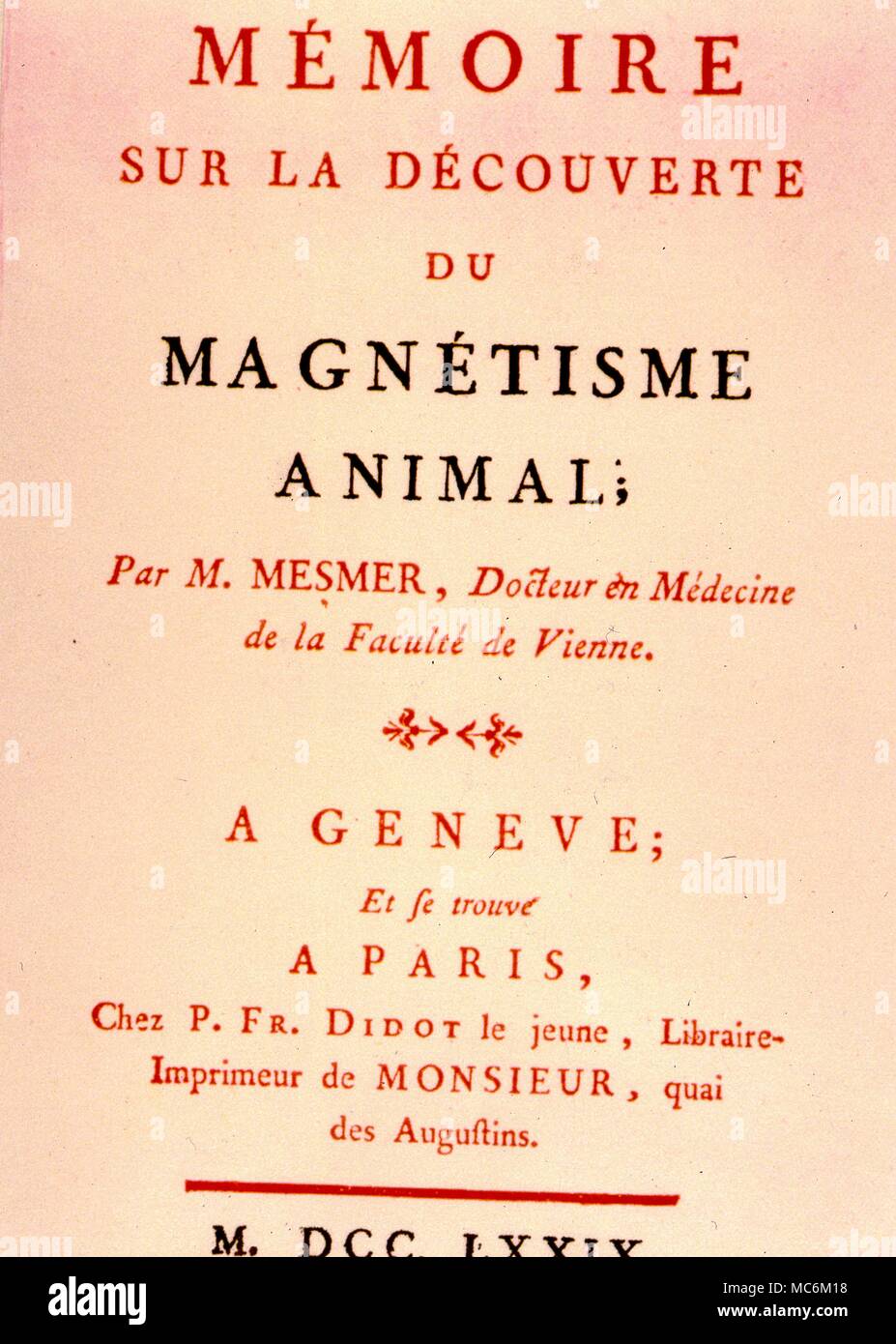 El hipnotismo - Mesmer Titlepage de Mesmer su trascendental libro sobre el hipnotismo y magnetismo animal, publicado en 1779 Foto de stock