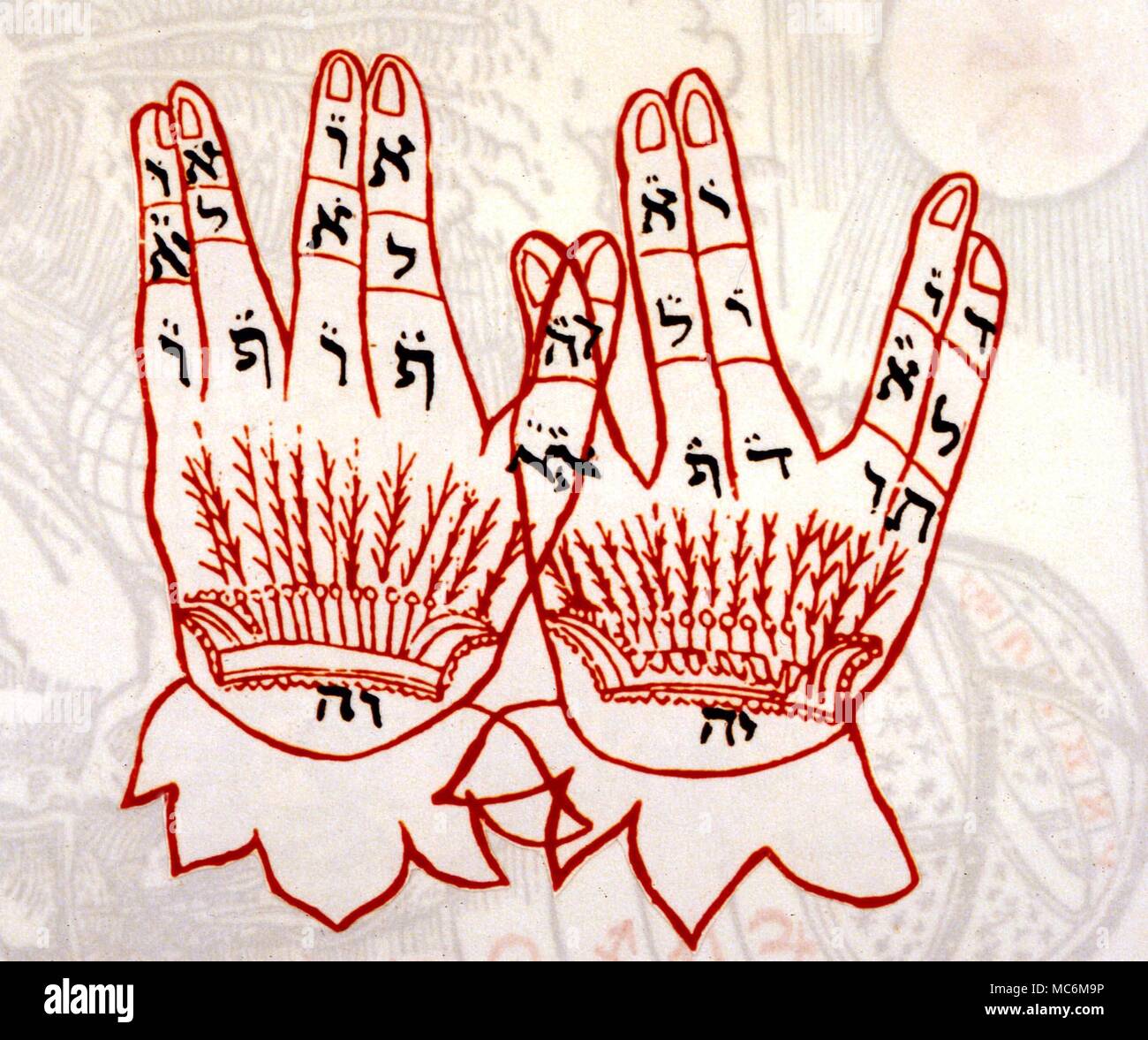 La Quiromancia - El sistema cabalístico ha establecido una relación entre las letras y los números y el cuerpo humano, incluyendo la mano. En este ejemplo, el asociado con los 32 caminos de la sabiduría Sephirothic Foto de stock