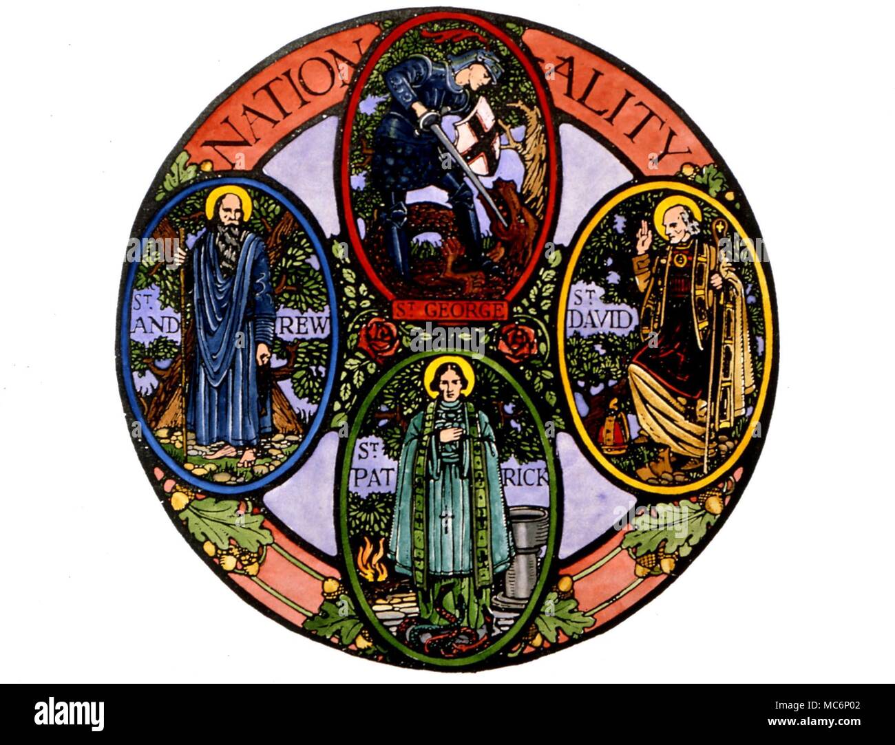 Los santos patronos de las Islas Británicas,David de Gales, Patricio de Irlanda y George de Inglaterra. Grabado de madera c.1914 Foto de stock