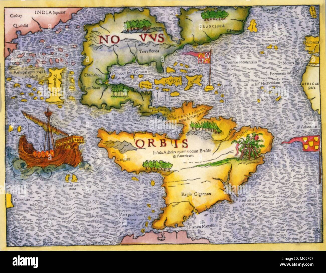 Mapa de los Estados Unidos de América. Coloreado a mano xilografía del Nuevo Mundo, a partir de la edición 1538 de Sebastian Munster's edition de Solino . Foto de stock