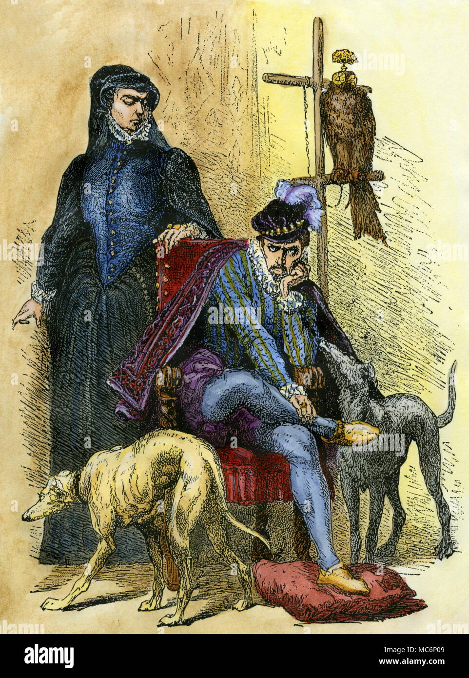 El rey Carlos IX de Francia y su madre, Catalina de Medici. Ambos se habían reunido Nostradamus, y ambos pensaron en varias de sus cuartetas proféticas. Foto de stock
