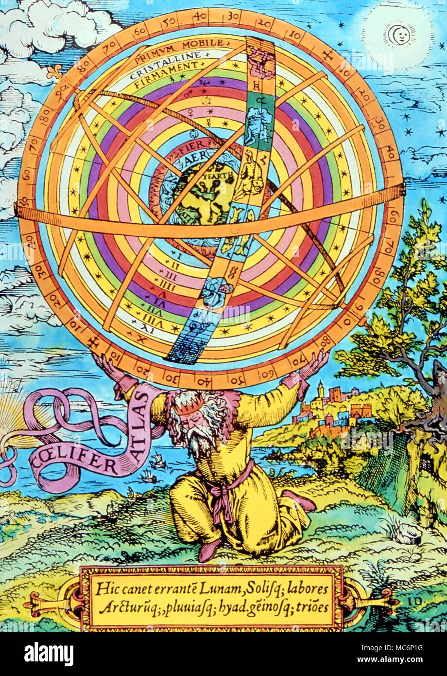 La astrología en general el gigante Atlas llevando el modelo geocéntrico de las esferas celestes desde el primum mobile a la tierra después de una xilografía del siglo XVI. Foto de stock