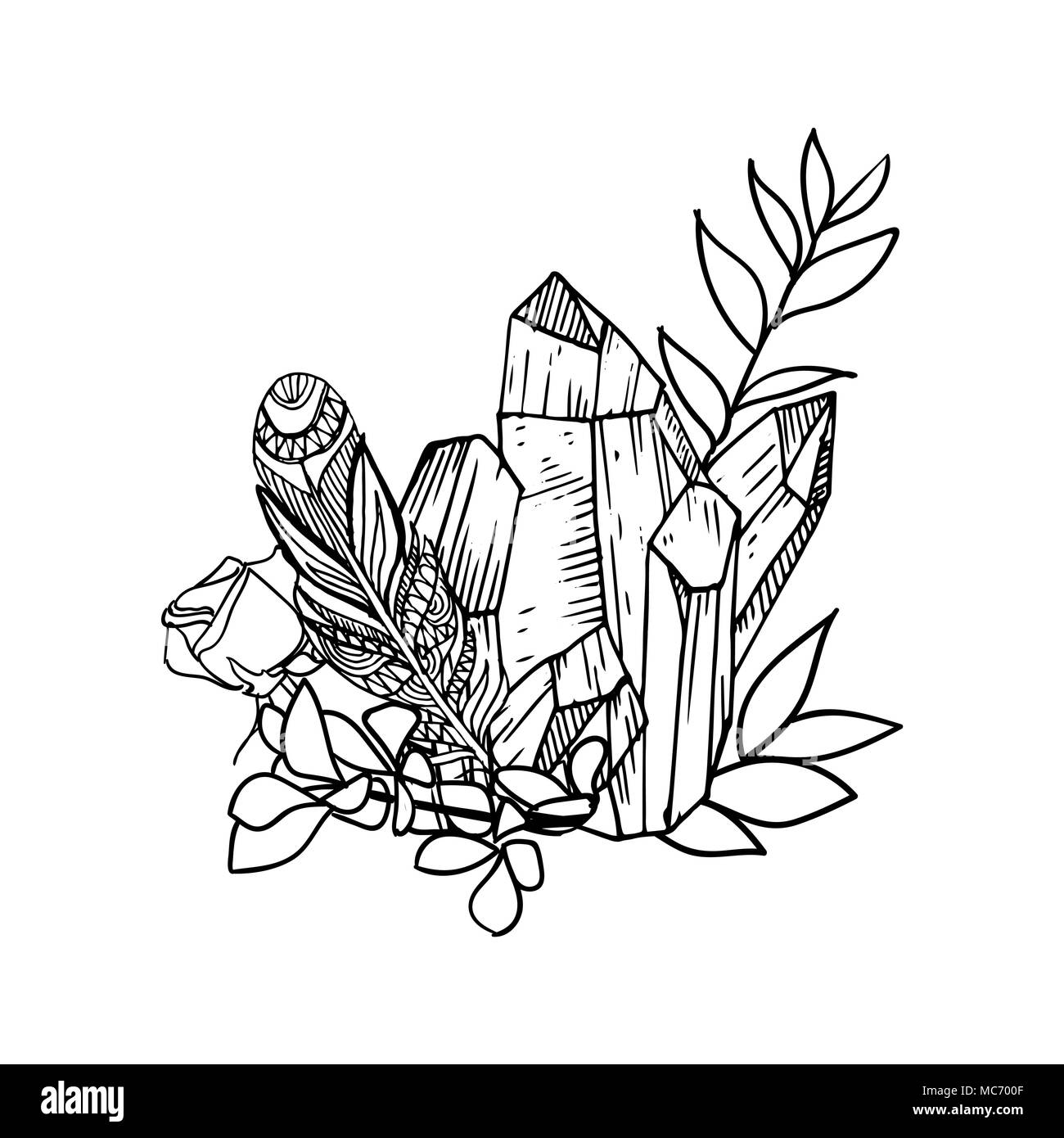 Marco floral vector con hojas, flores, plumas y gemas. Estilo boceto. Las fronteras. Ilustración de tinta del bastidor. Arte lineal Ilustración del Vector